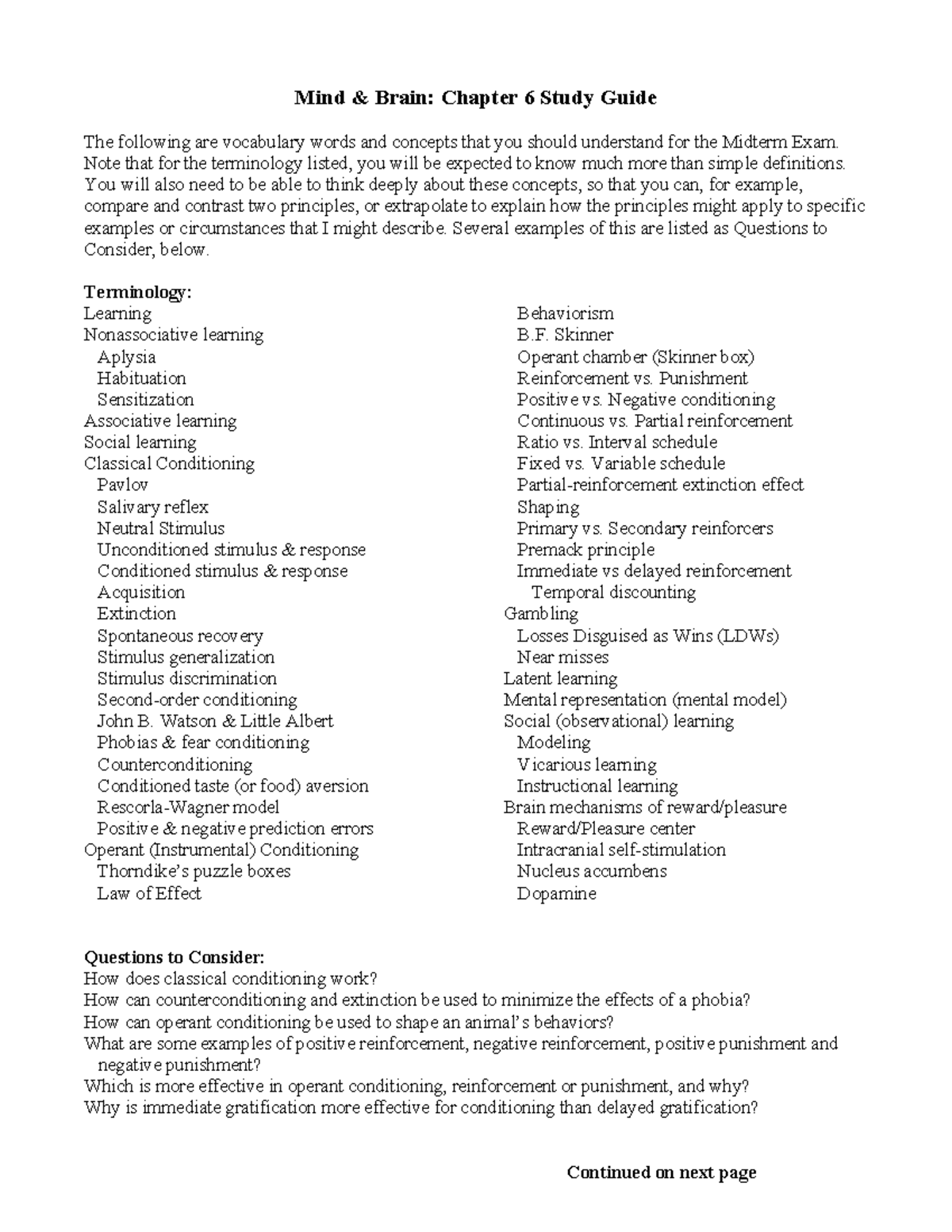 Mind & Brain PSY 101 Midterm Exam Study Guide: Key Concepts from ...