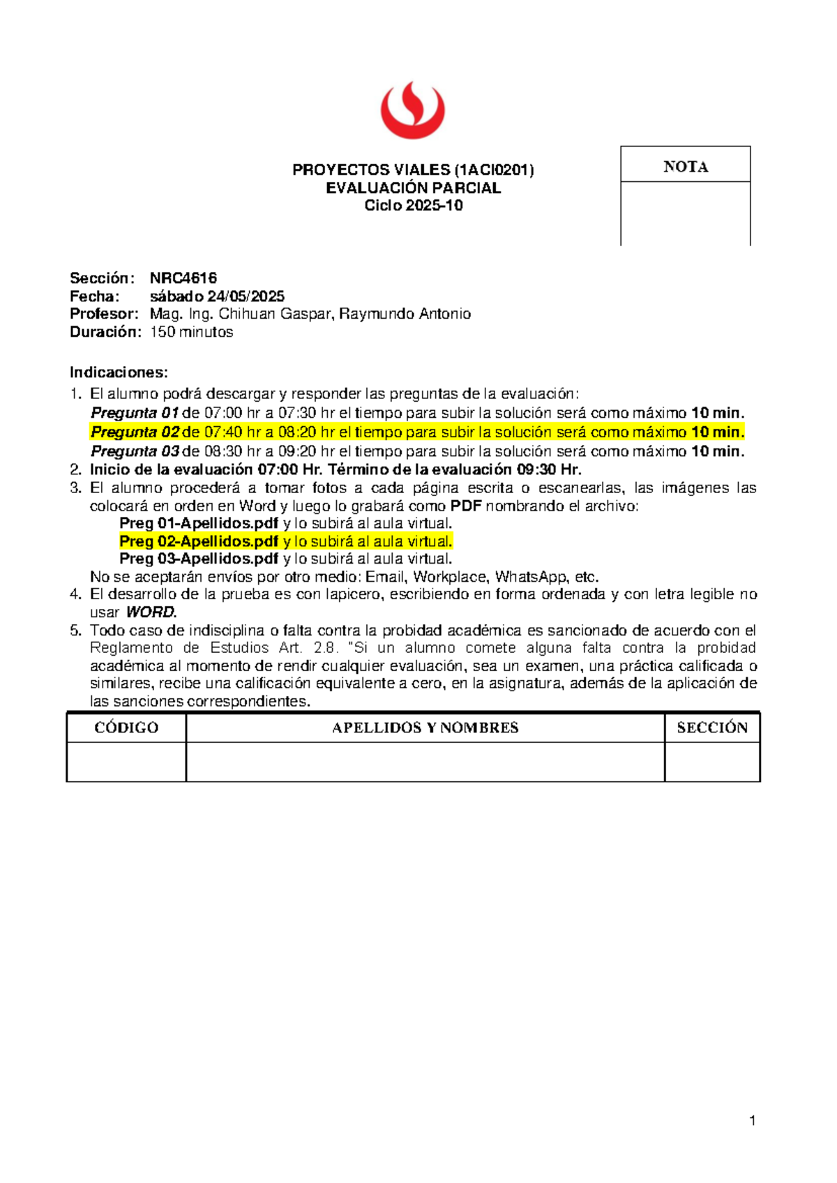 EA-Proy. Viales-2025: Evaluación Parcial y Instrucciones - Document Preview
