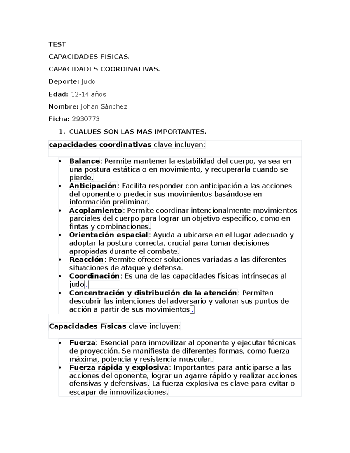 TEST JUDO: Capacidades Físicas y Coordinativas (Edad 12-14) - Studocu