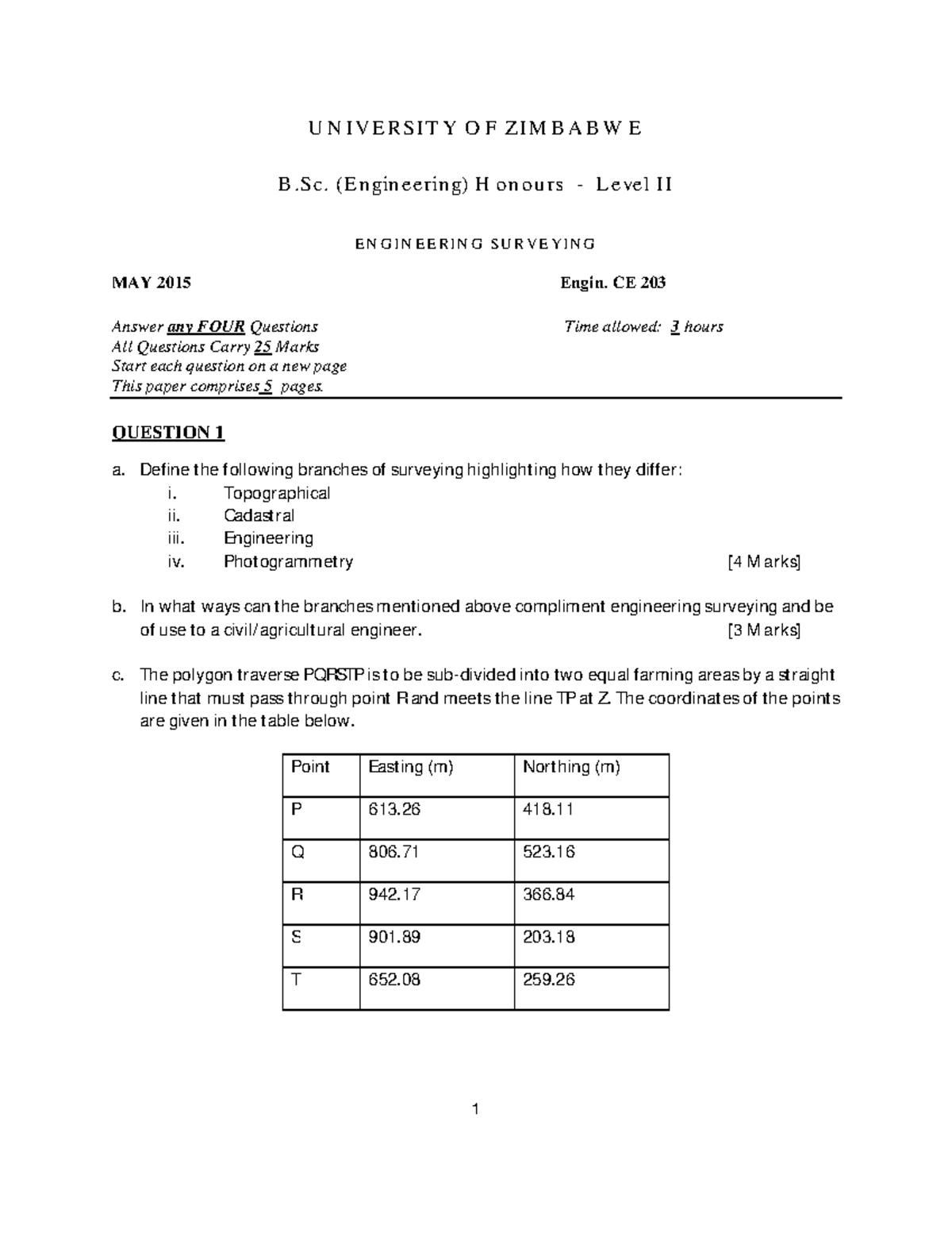 CE 203 Engineering Surveying Final Exam May 2015 - University of ...