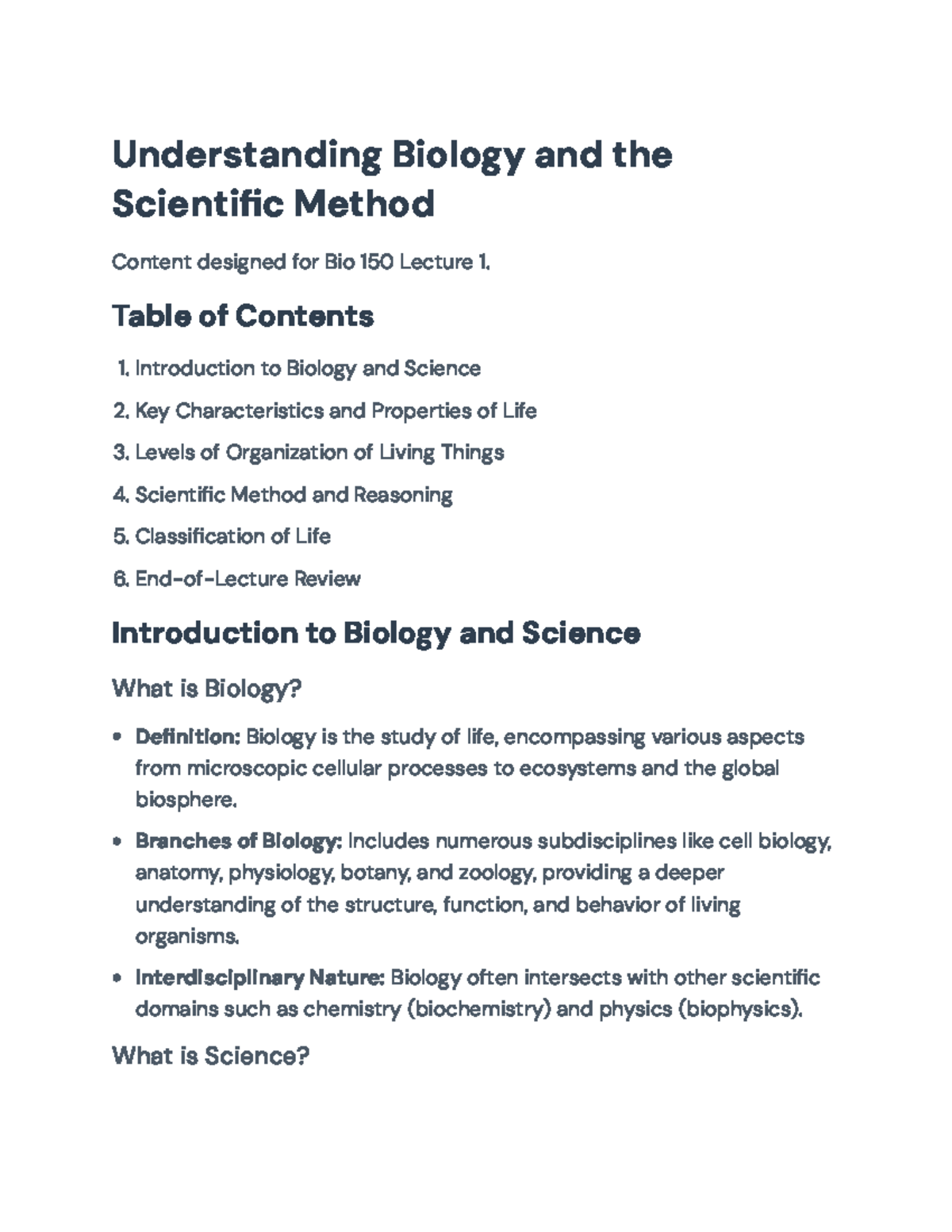 Understanding Biology and the Scientific Method for Bio 150 Lecture 1 ...