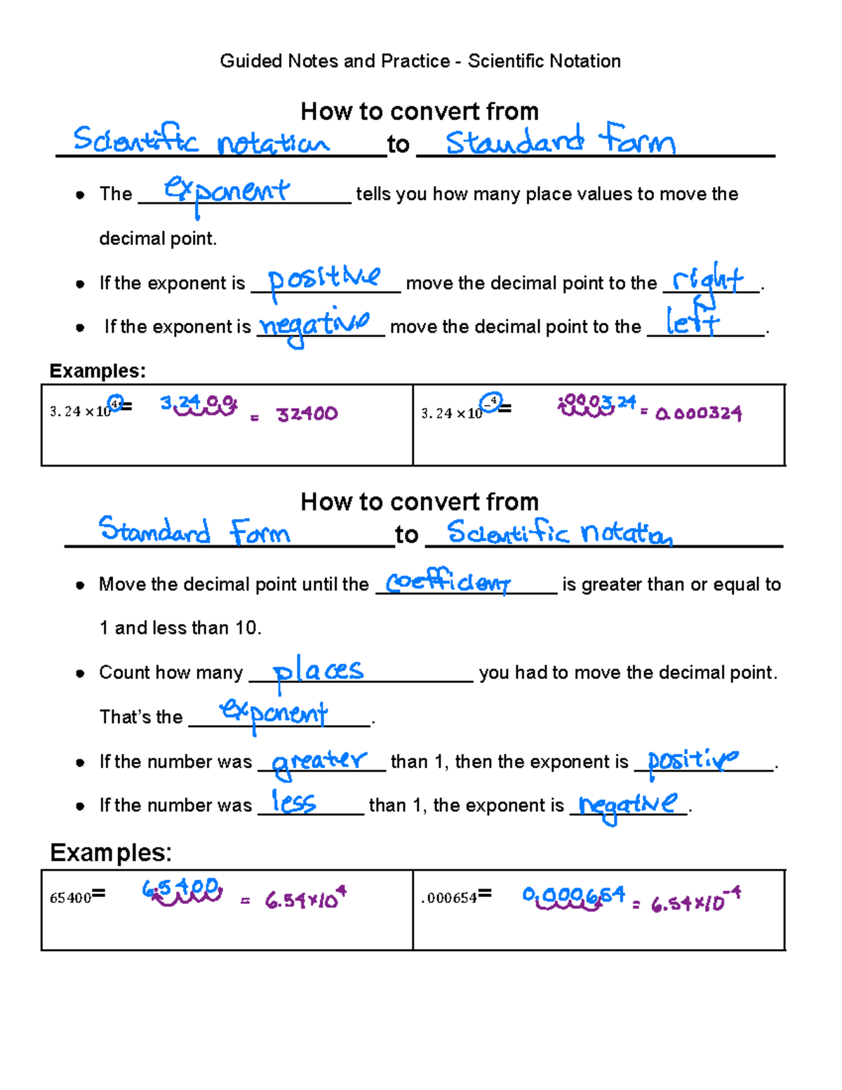 Guided Notes and Practice: Converting Scientific Notation (Math 101 ...
