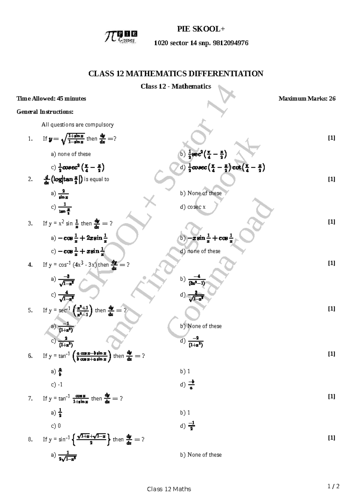 PIE 1020 Class 12 Mathematics Differentiation Assignment - Studocu