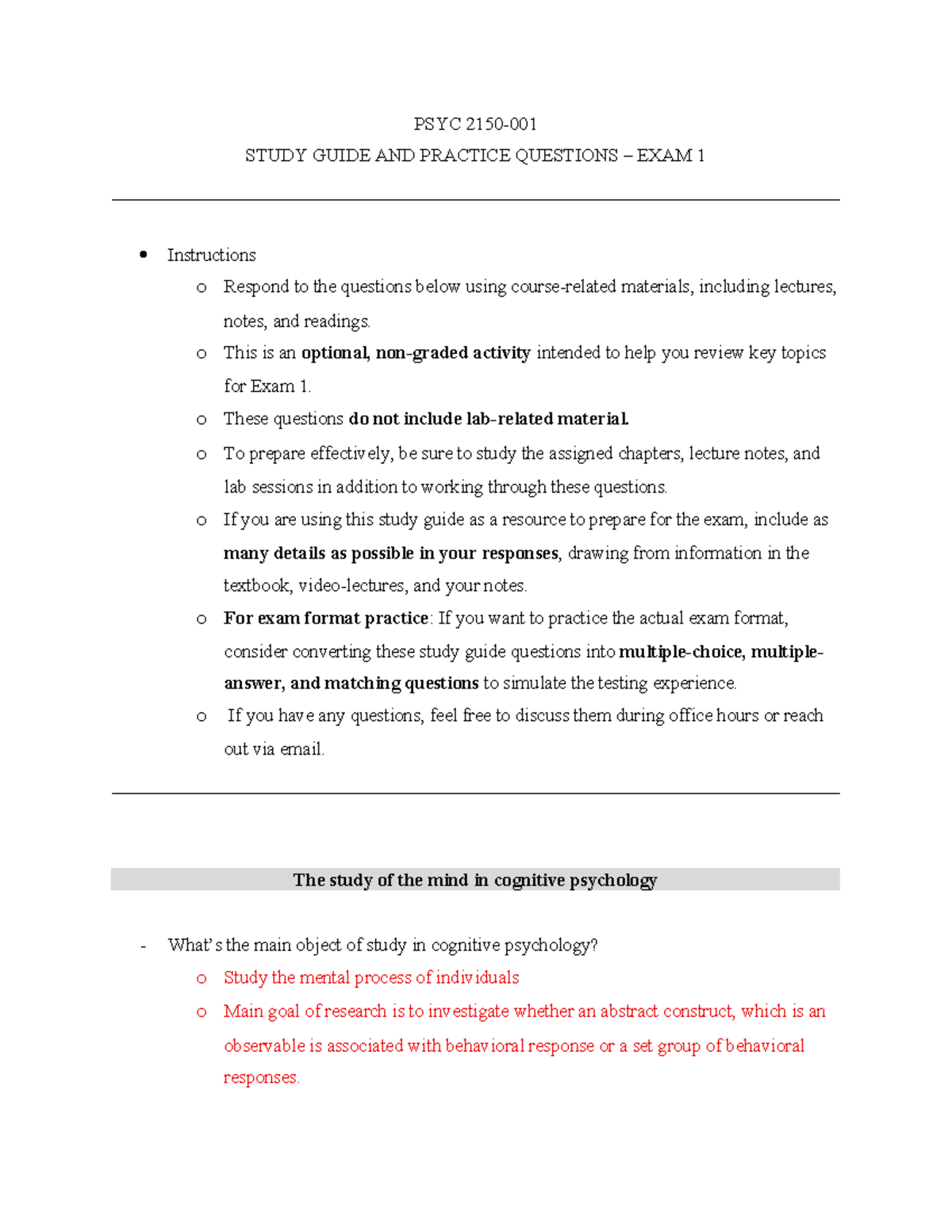 PSYC 2150-001 Study Guide: Key Concepts for Exam 1 Prep - Studocu