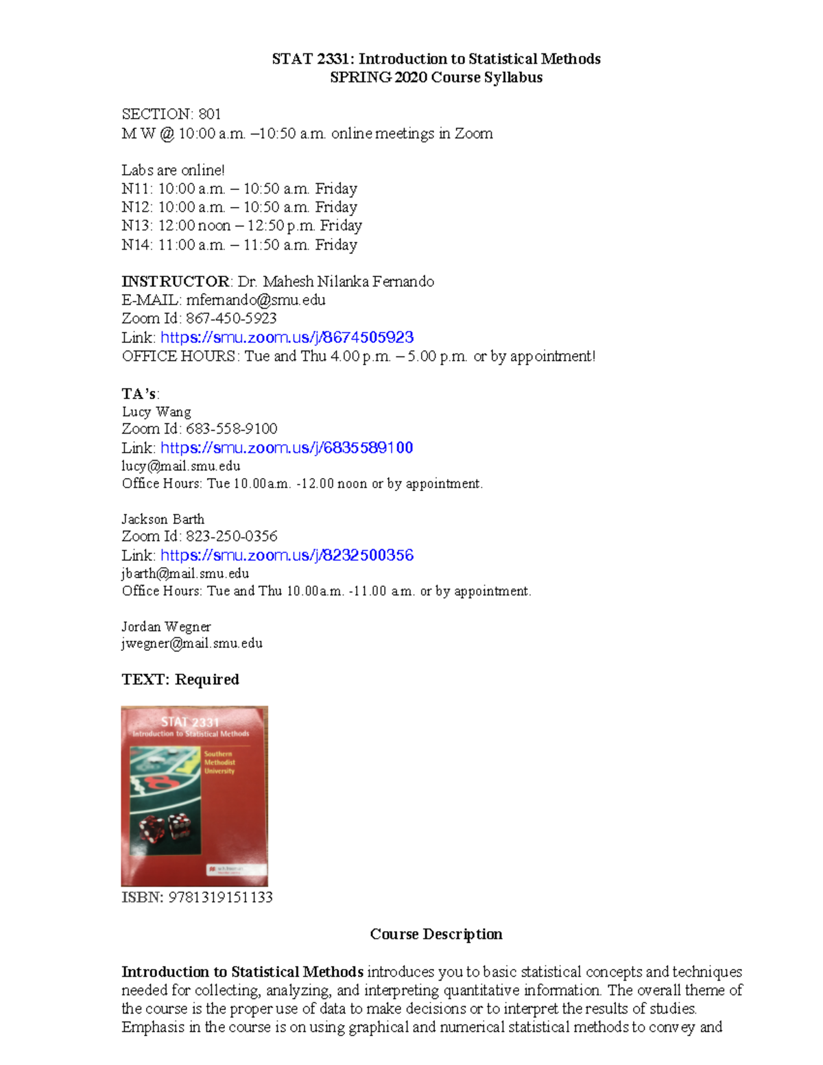 STAT 2331 Spring 2020: Course Syllabus for Statistical Methods - Studocu