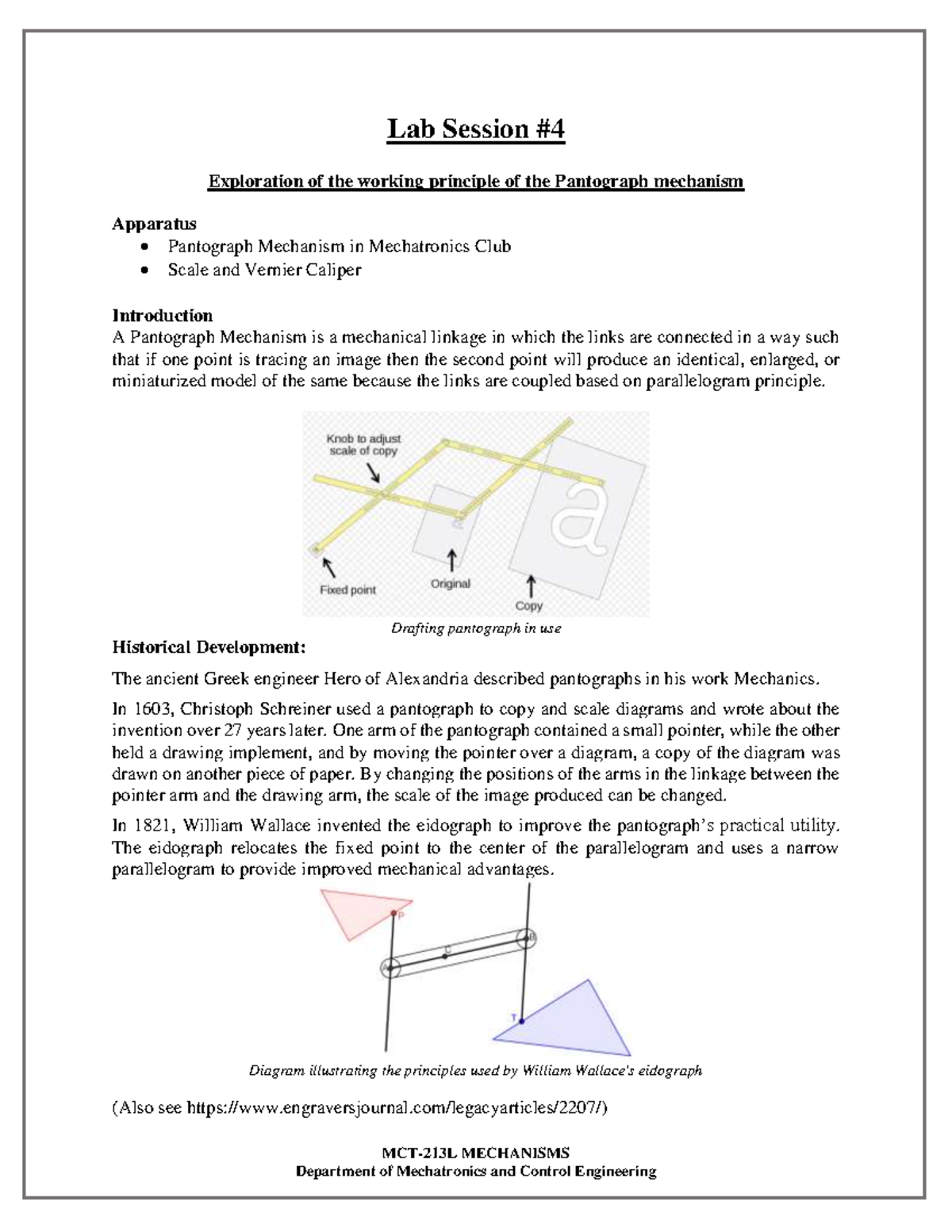 MCT-213L Lab Manual: Pantograph Mechanism Exploration - Studocu