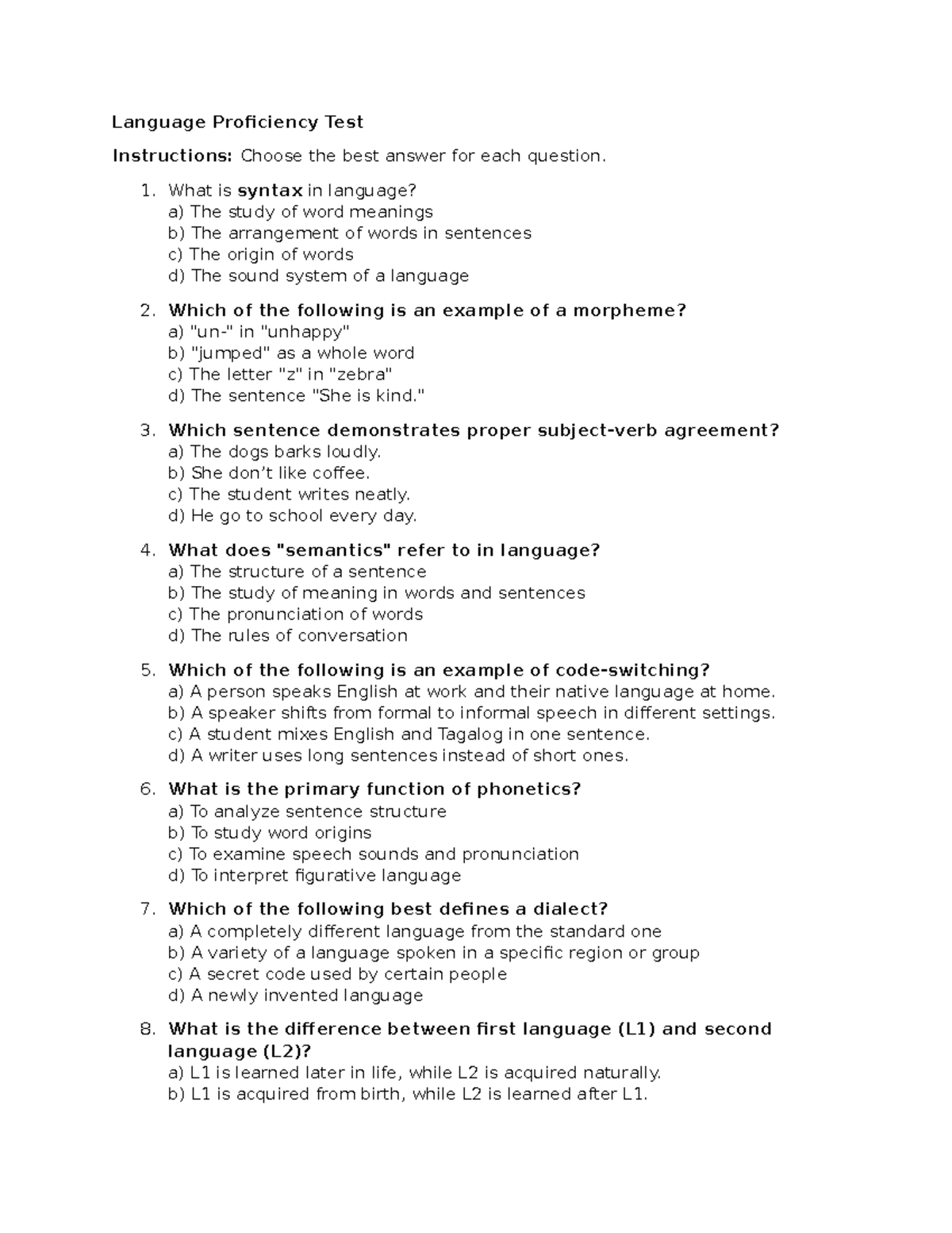 Language Proficiency Test 1 - Questions and Answers Guide - Studocu