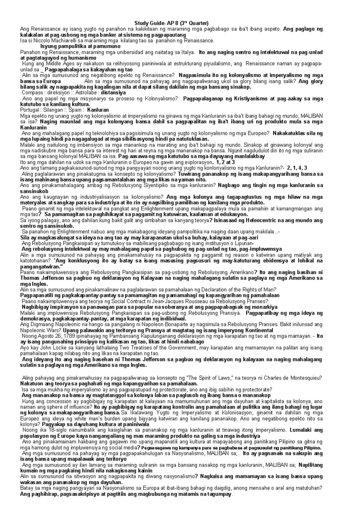 Study guide ap 8 - Study Guide- AP 8 (3rd Quarter) Ang Renaissance ay ...