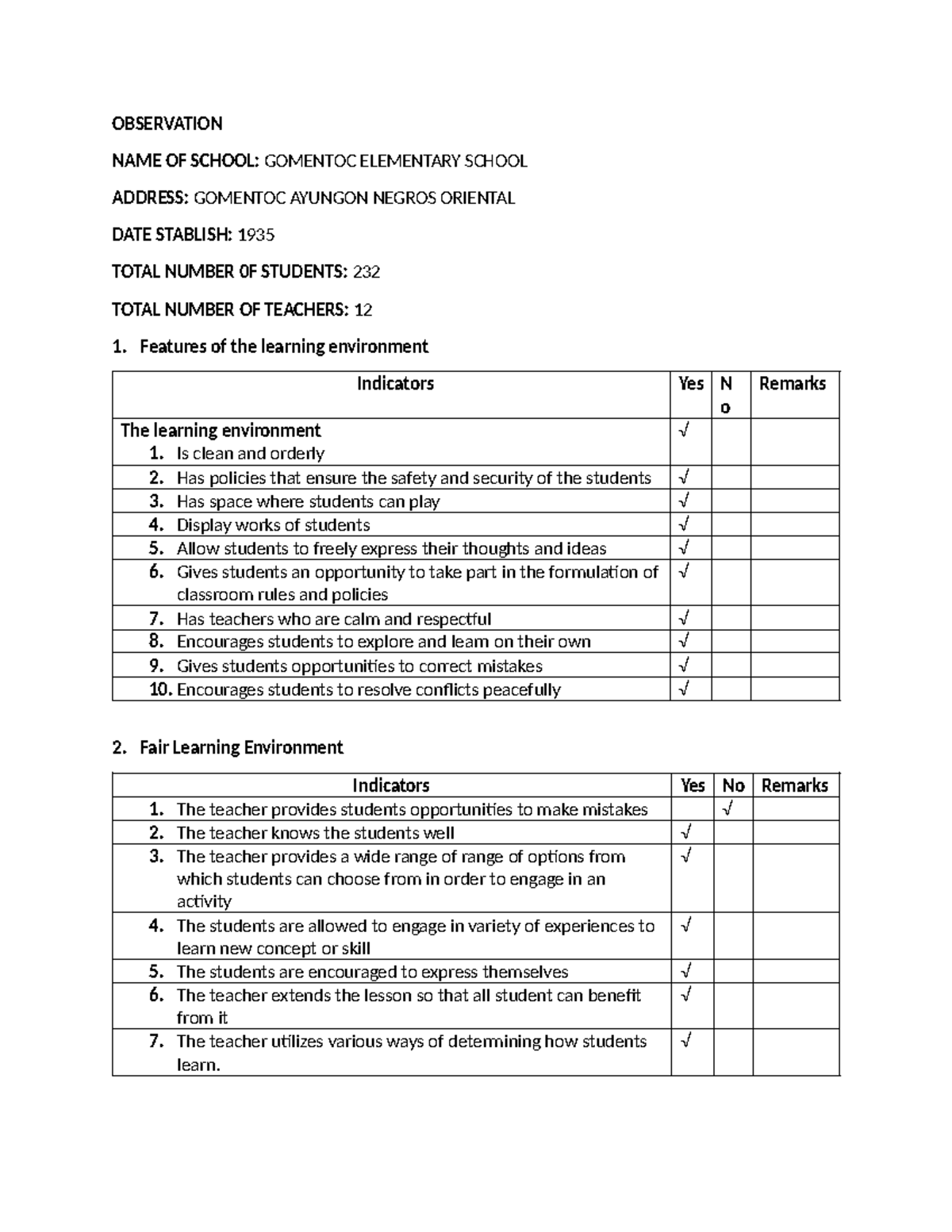 Observation Report: Gomentoc Elementary School - 2024 Insights - Studocu