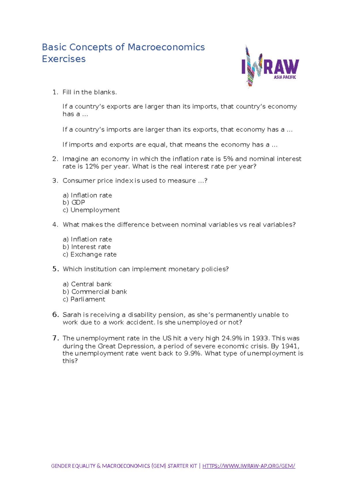 GEM Starter Kit Exercise 4 - Basic Concepts of Macroeconomics Exercises ...
