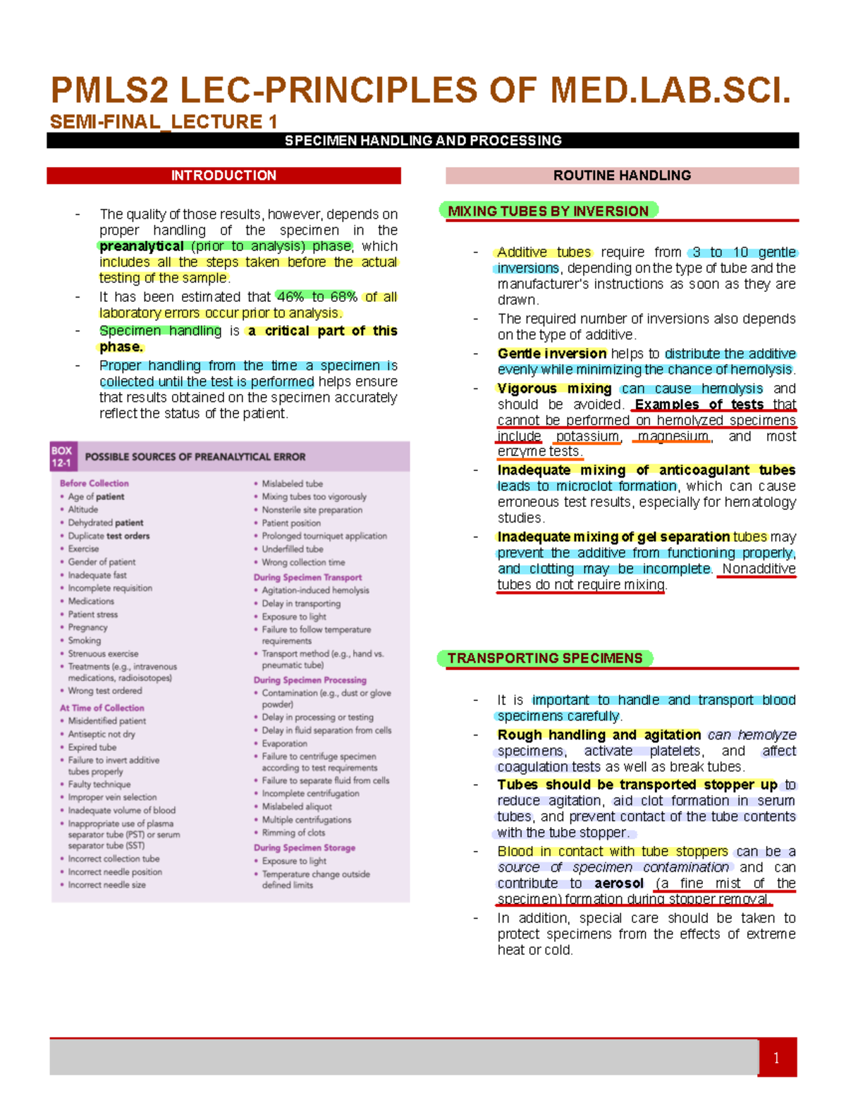PMLS2 Semi-Final Lecture 1: Specimen Handling & Processing - Studocu
