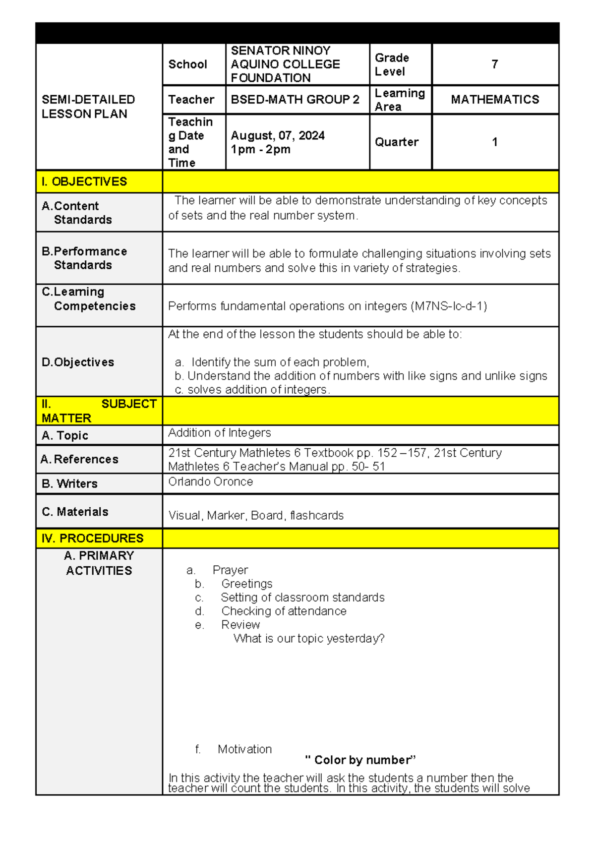 MATHEMATICS 7 Lesson Plan: Addition of Integers (Q1) - Studocu