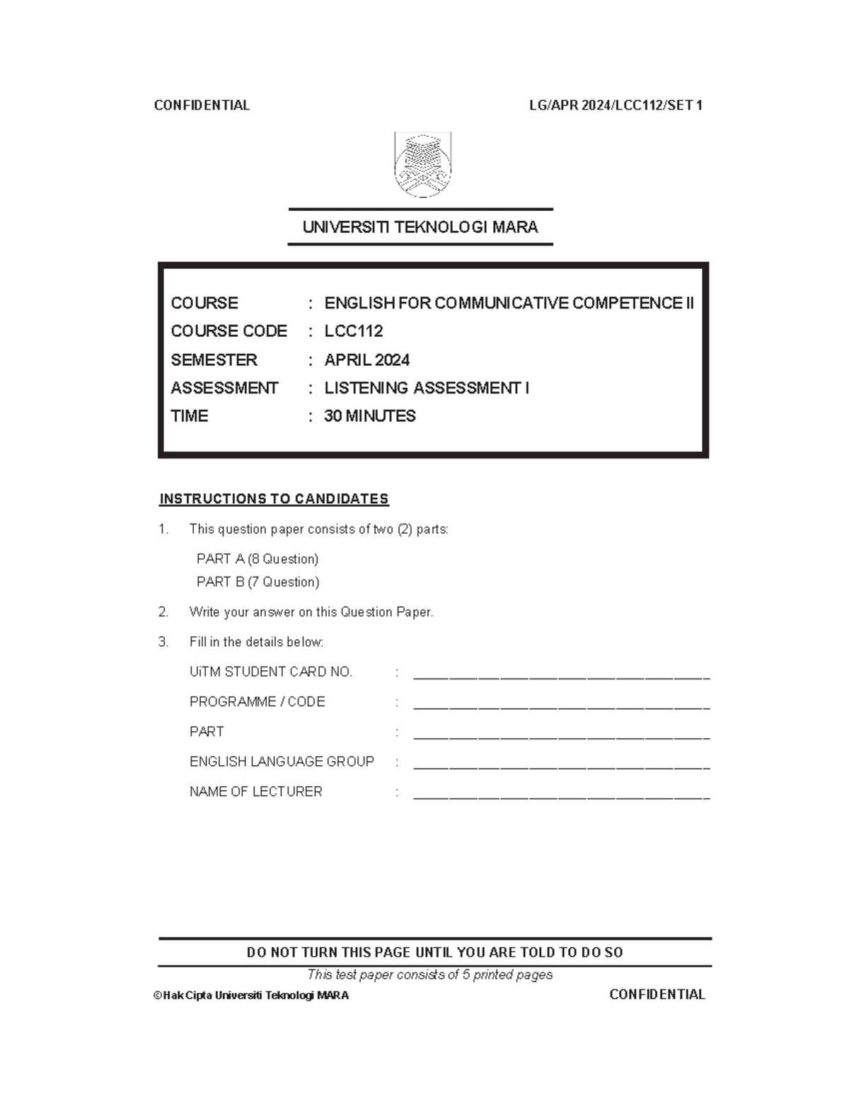 LCC112 Listening Assessment I - Practice Questions and Answers - Studocu