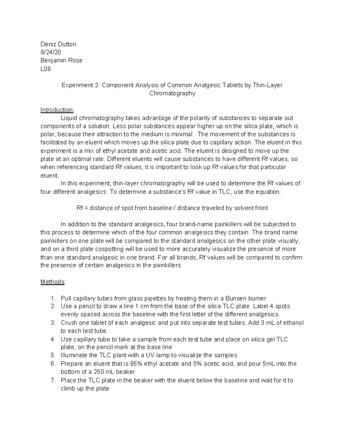 TLC Lab Report: Component Analysis of Analgesics (CHEM 101) - Studocu