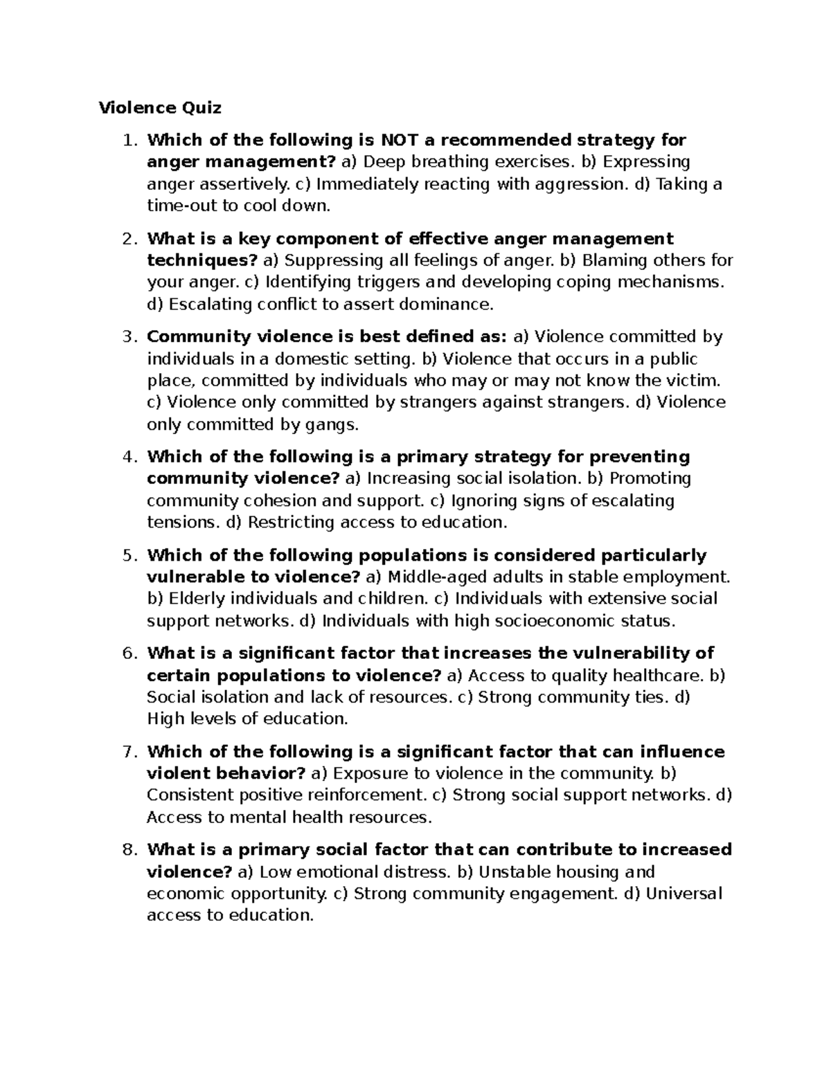 Violence Quiz 1: Strategies for Anger Management and Community Safety ...