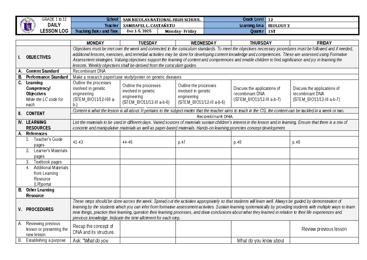 Q3W2 - DAILY LESSON LOG: GENETIC ENGINEERING IN BIOLOGY 12 - Studocu