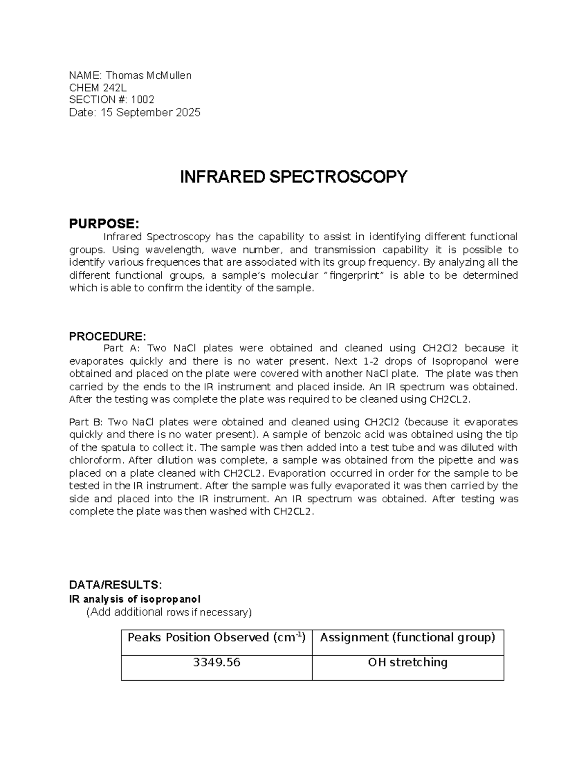 CHEM 242L - Infrared Spectroscopy Lab Report - Studocu