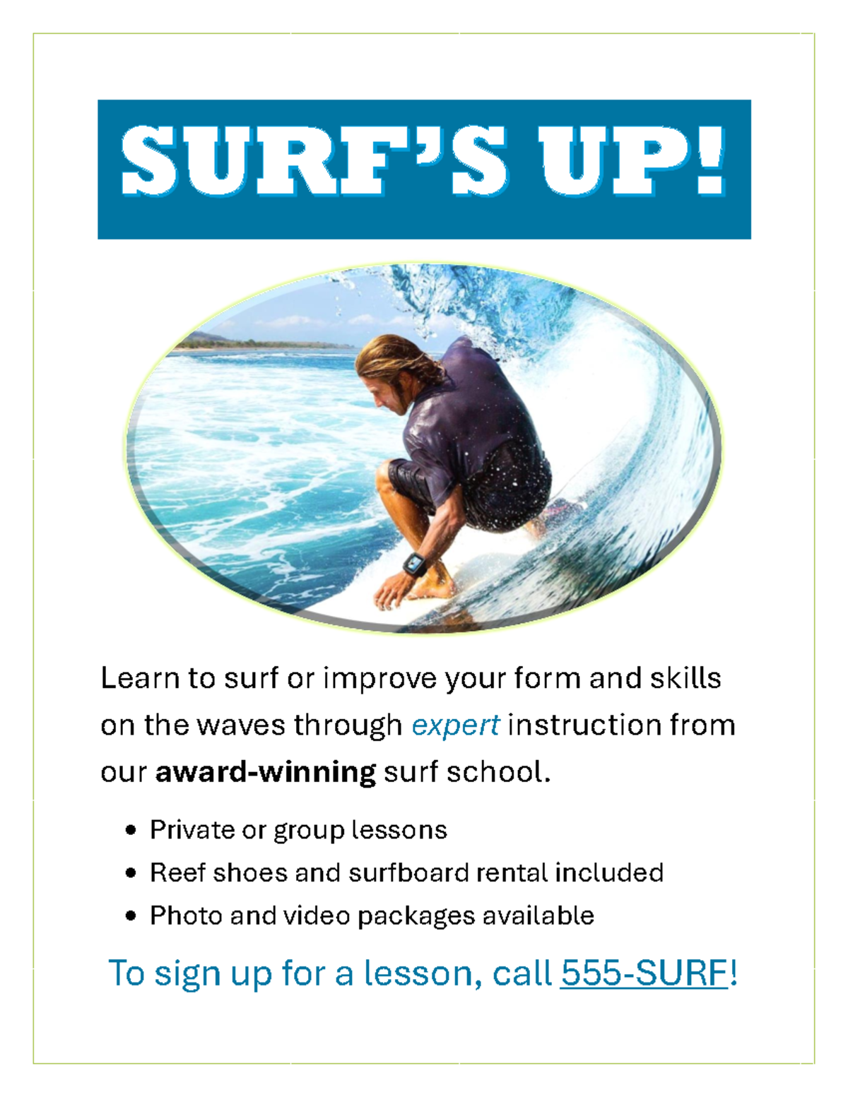Surf Flyer - SURF’S UP! Learn to surf or improve your form and skills ...