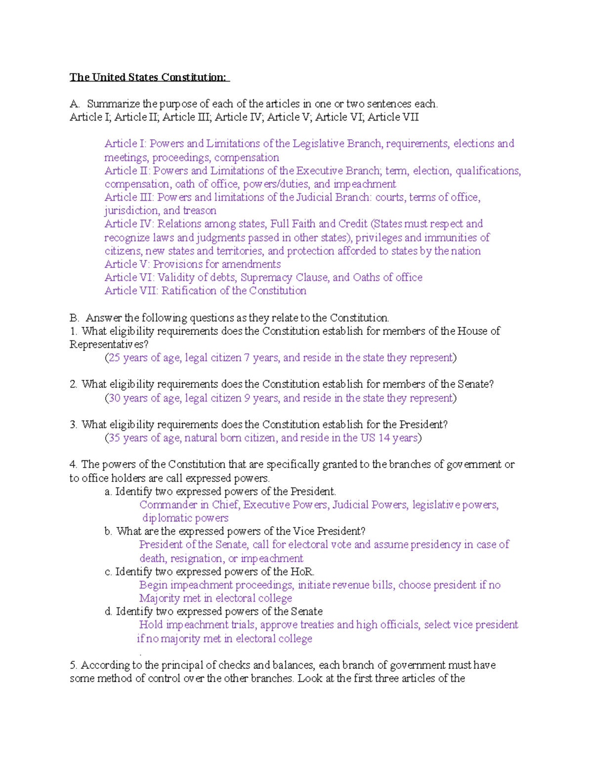 The United States Constitution questions KEY - The United States ...