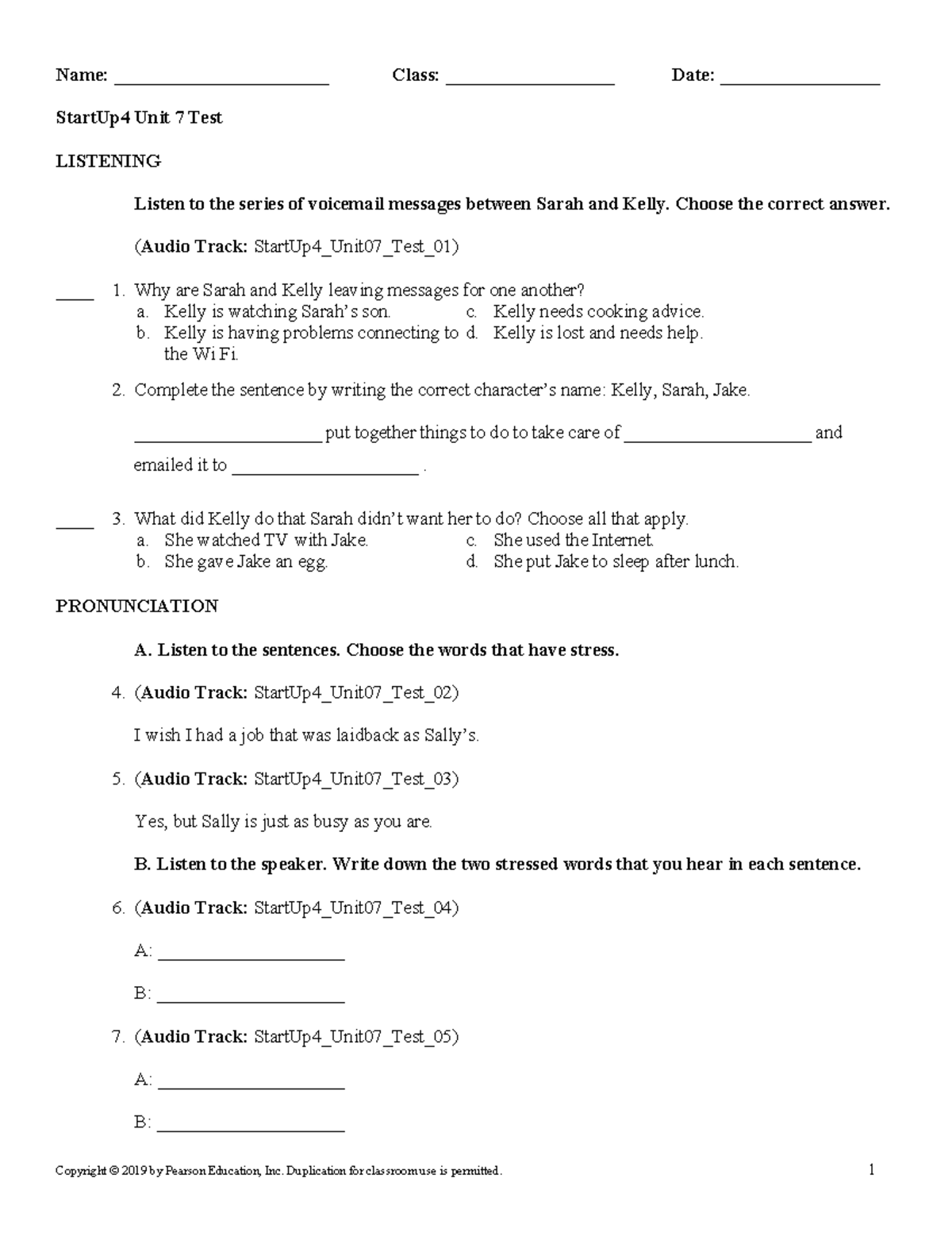 StartUp 4 EV U07 Review Test - Listening, Grammar, Conversation & Reading - Document Preview