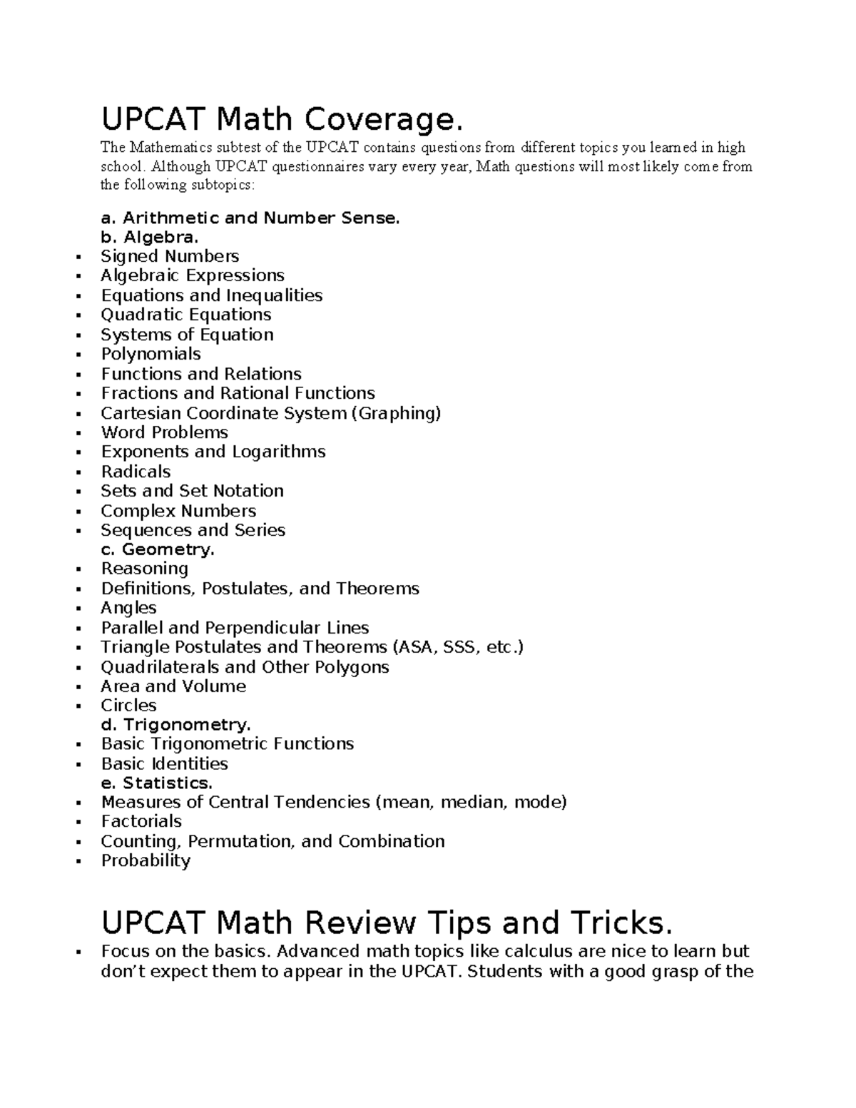 UPCAT Math Coverage Summary for BS Accountancy Students - Studocu