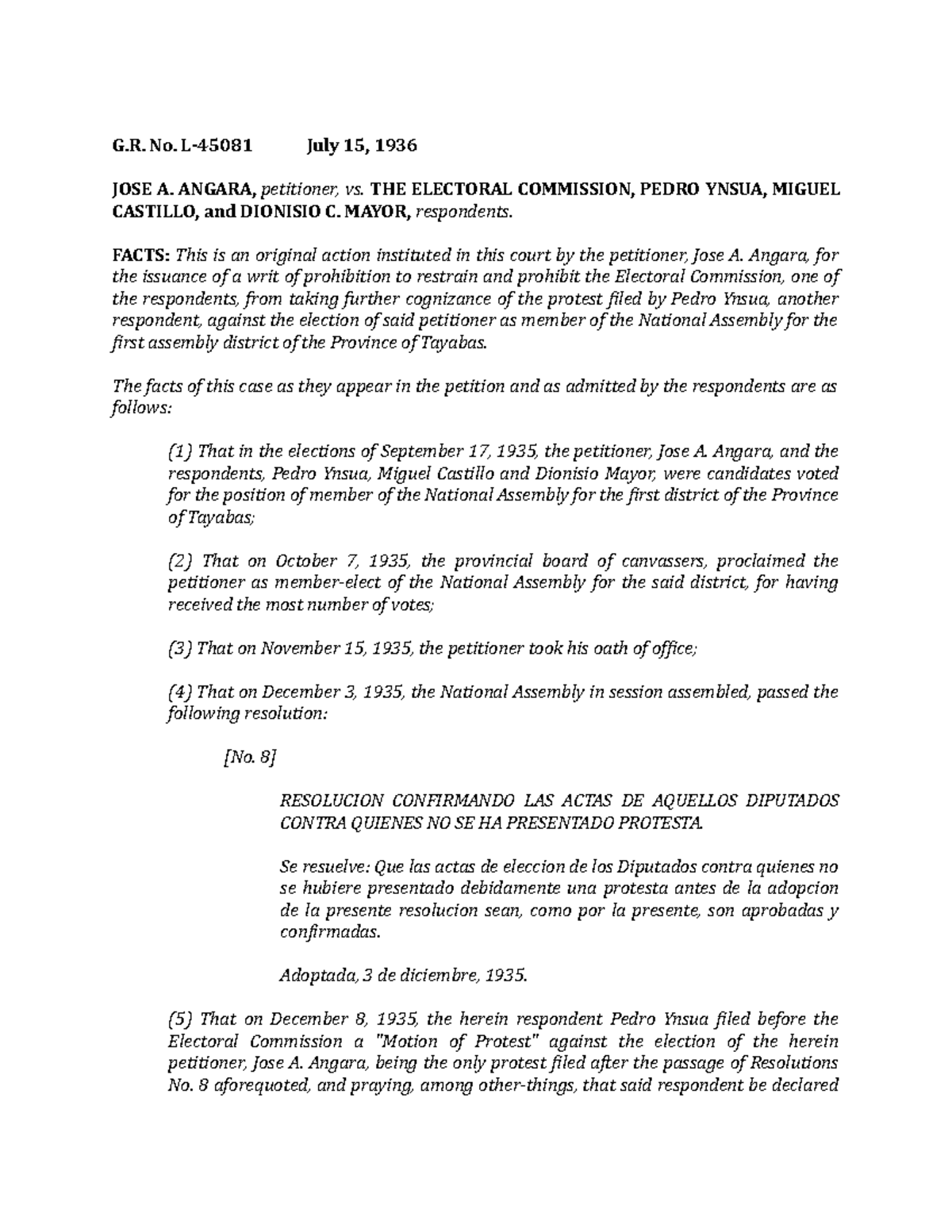 Case Study on Angara vs. Electoral Commission G.R. No. L-45081 - Studocu