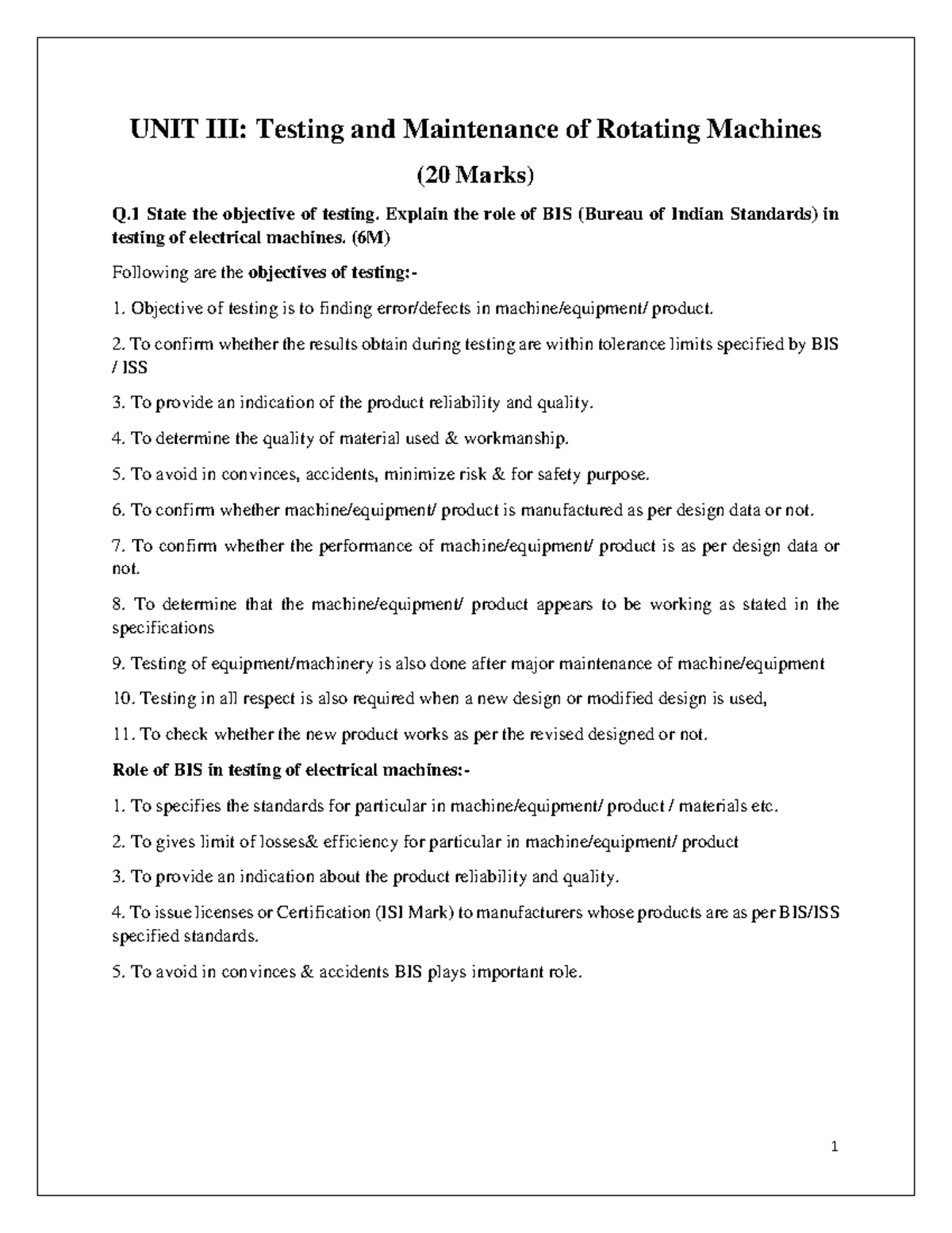 Testing & Maintenance of Rotating Machines (Unit III) - Key Insights ...