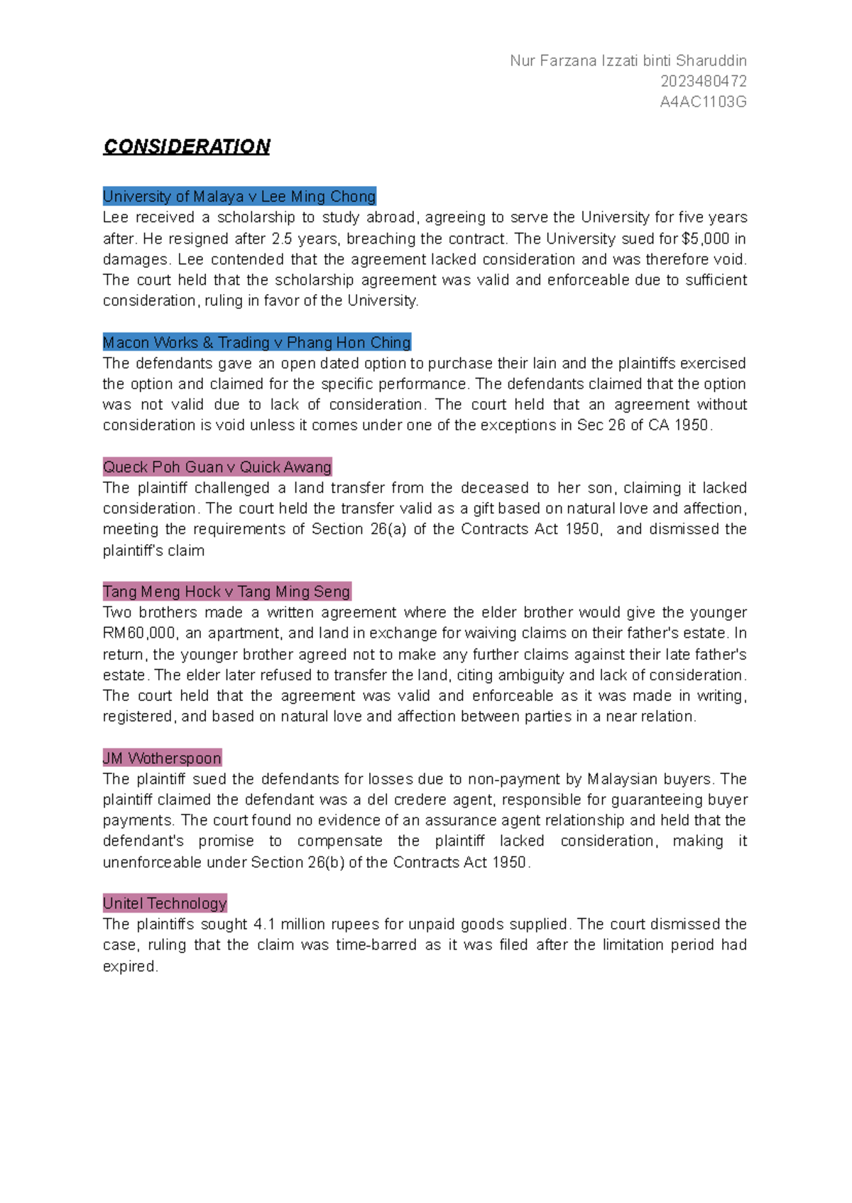 Final Exam Review: LAW240 Consideration and Tort Cases - Studocu