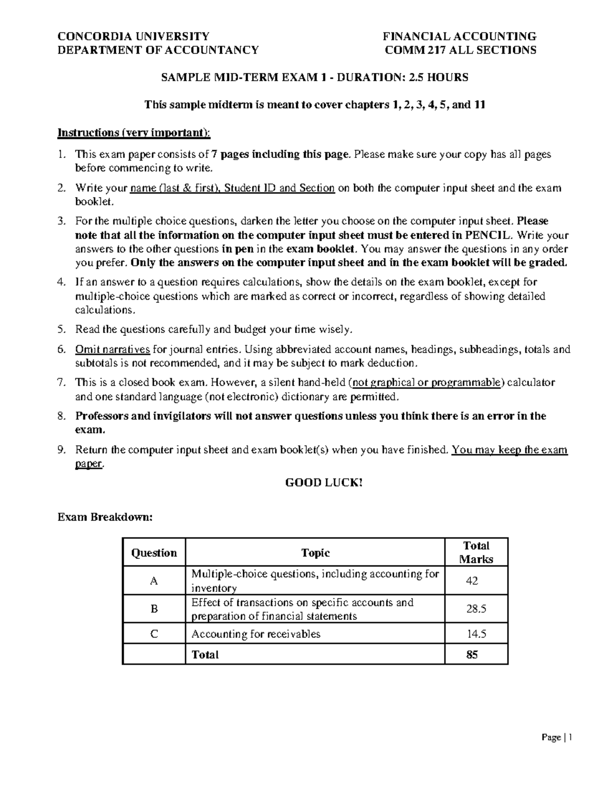 Sample Midterm Exam 1 - COMM 217 Financial Accounting - Studocu