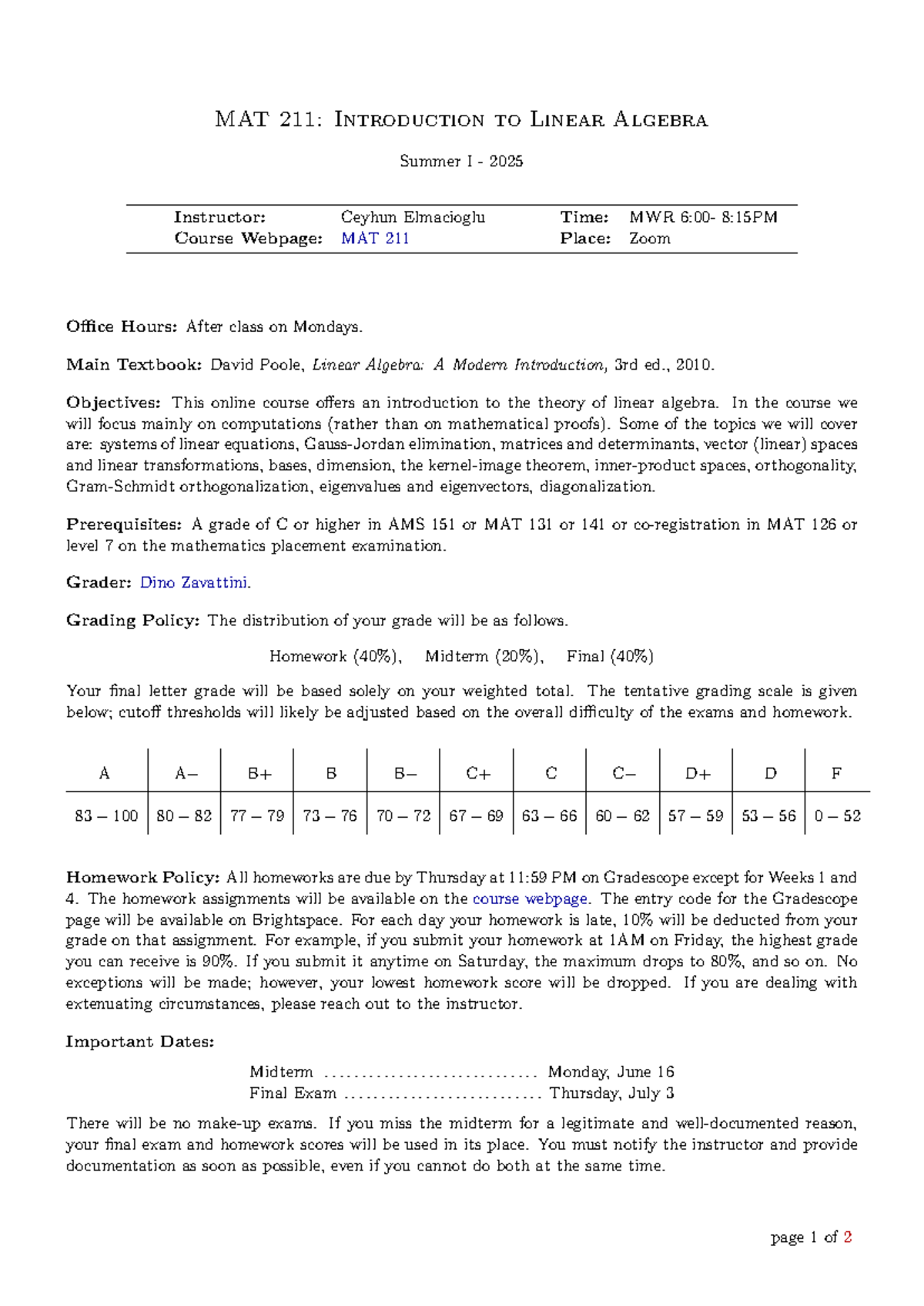 MAT 211: Summer I 2025 Linear Algebra Syllabus and Course Info - Studocu