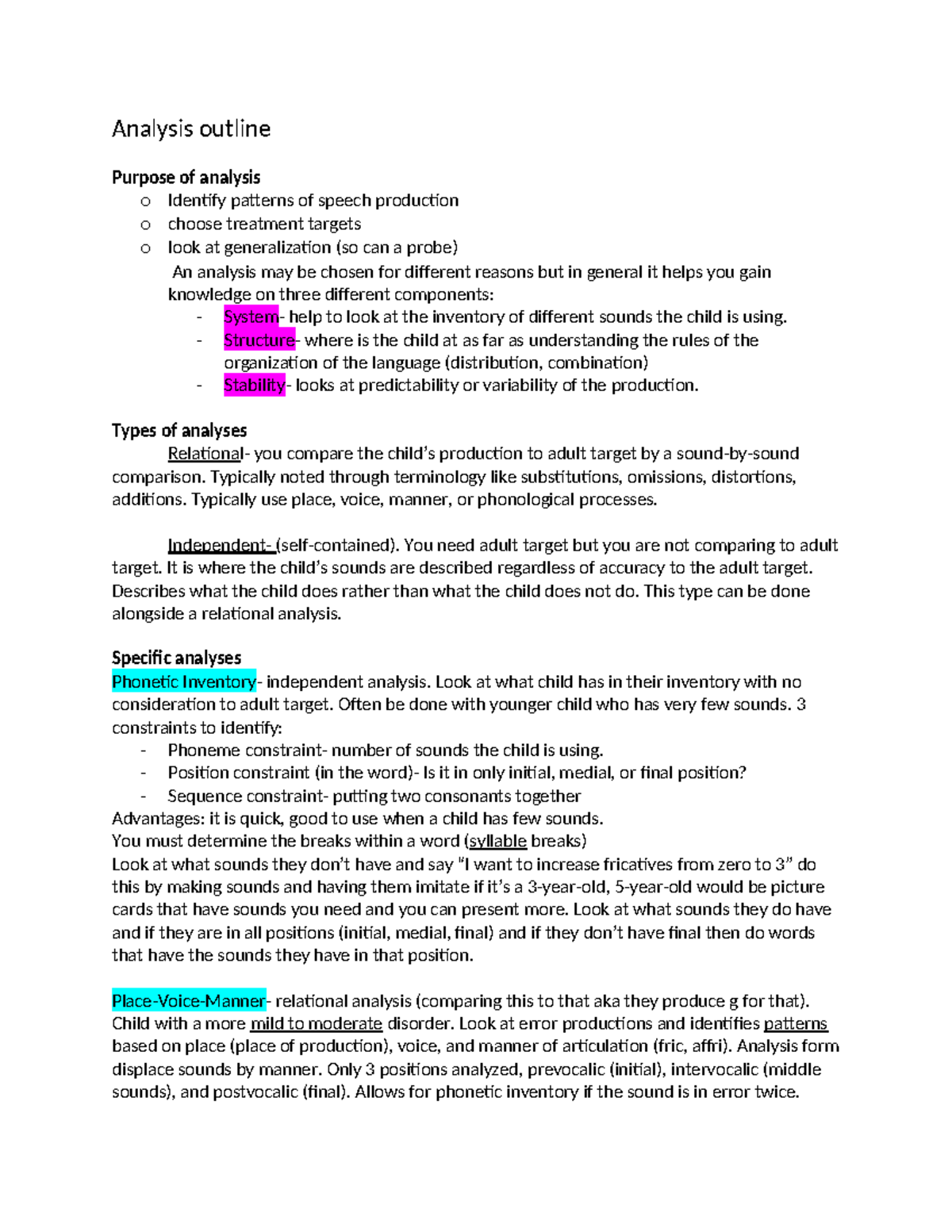 Analysis Outline for Speech Production Patterns - Masters Program - Studocu