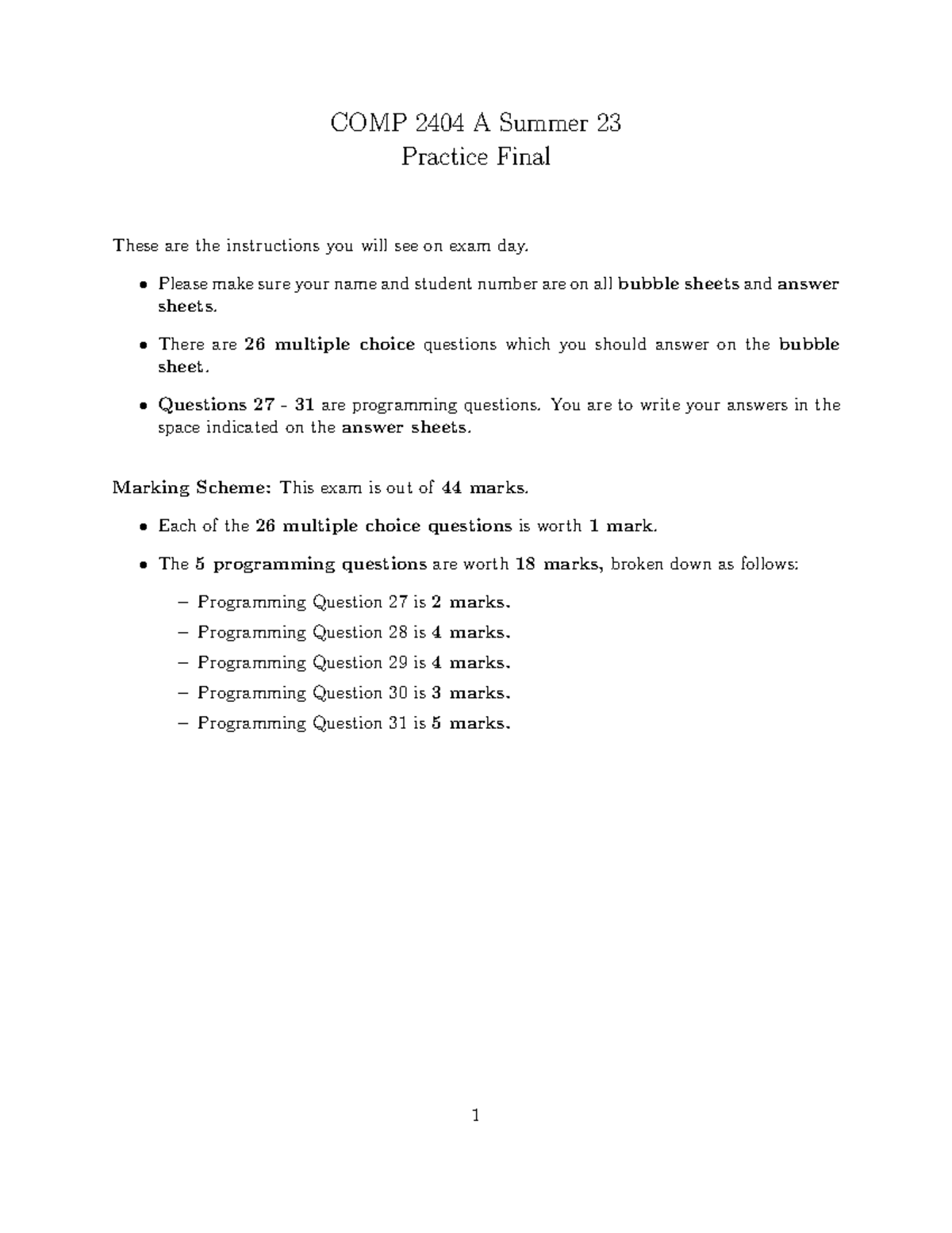 COMP 2404 A Summer 23 - Practice Final Exam Overview and Guidelines ...