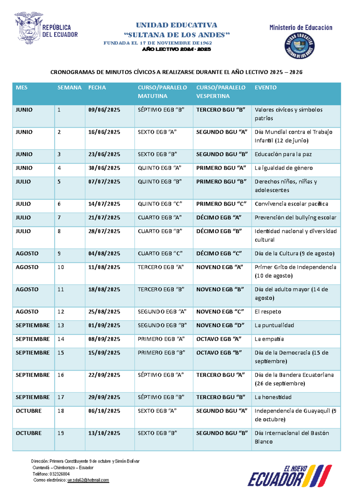 Minutos Cívicos 2025-2026: Cronograma de Actividades Educativas - Document Preview