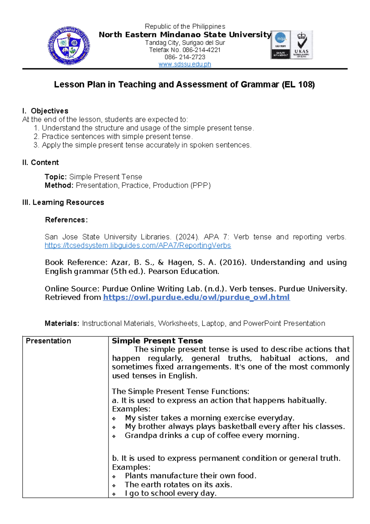 EL 108 Lesson Plan: Teaching the Simple Present Tense - Studocu