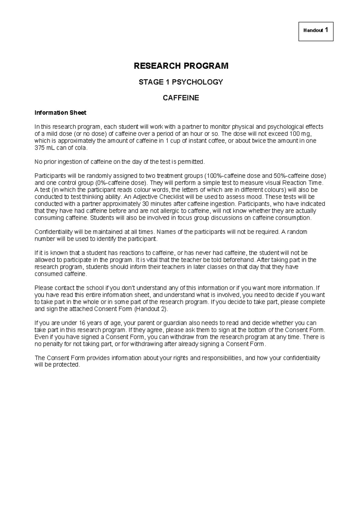 Caffeine Research Program Handouts - Stage 1 Psychology - Studocu