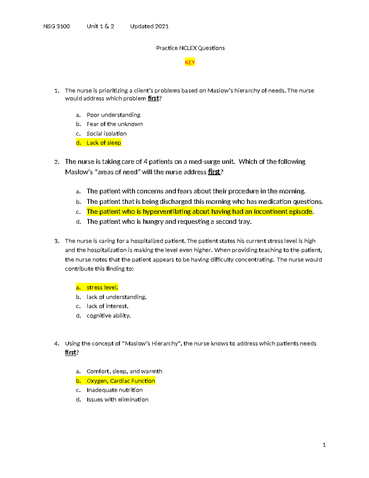 3100 NCLEX Exam 1 Practice Questions with Key Answers - Studocu