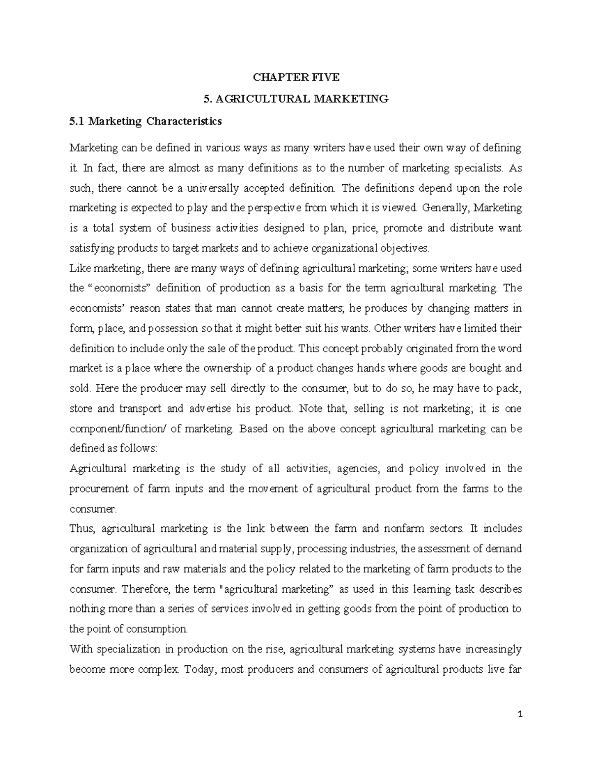 Agri 101 - Chapter 5 Lecture Notes on Agricultural Marketing - Studocu