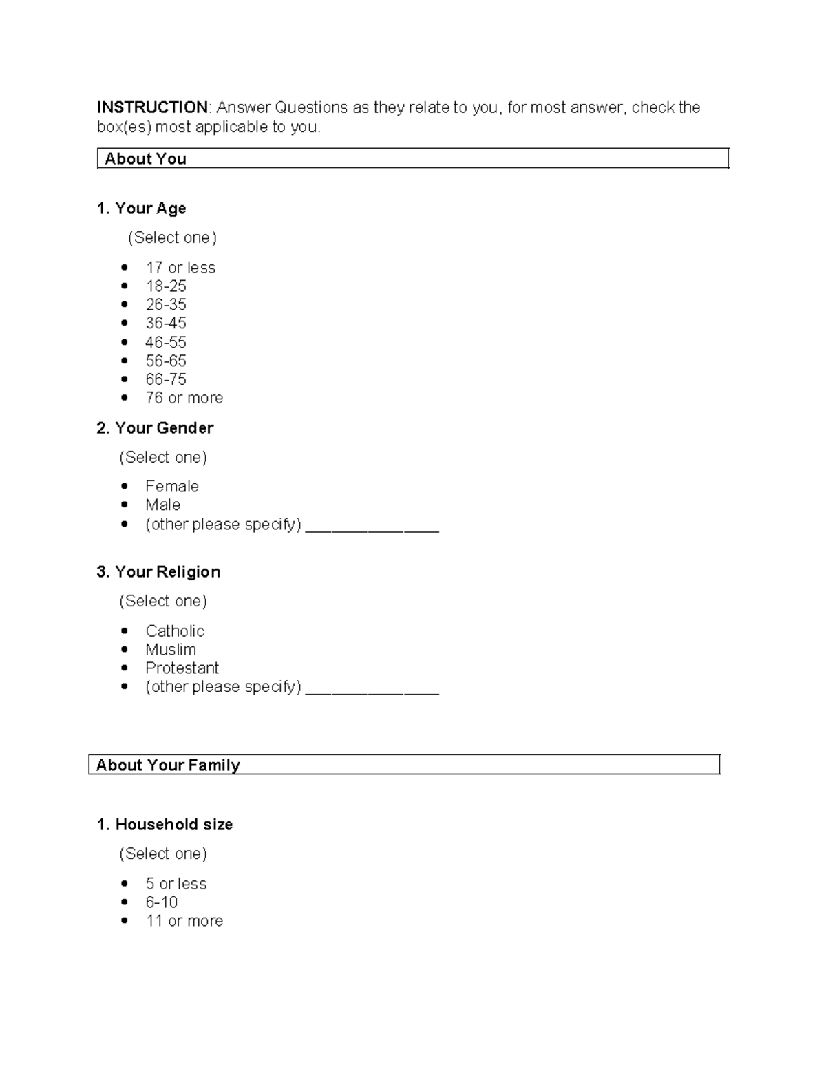 Questionnaire - INSTRUCTION: Answer Questions as they relate to you ...