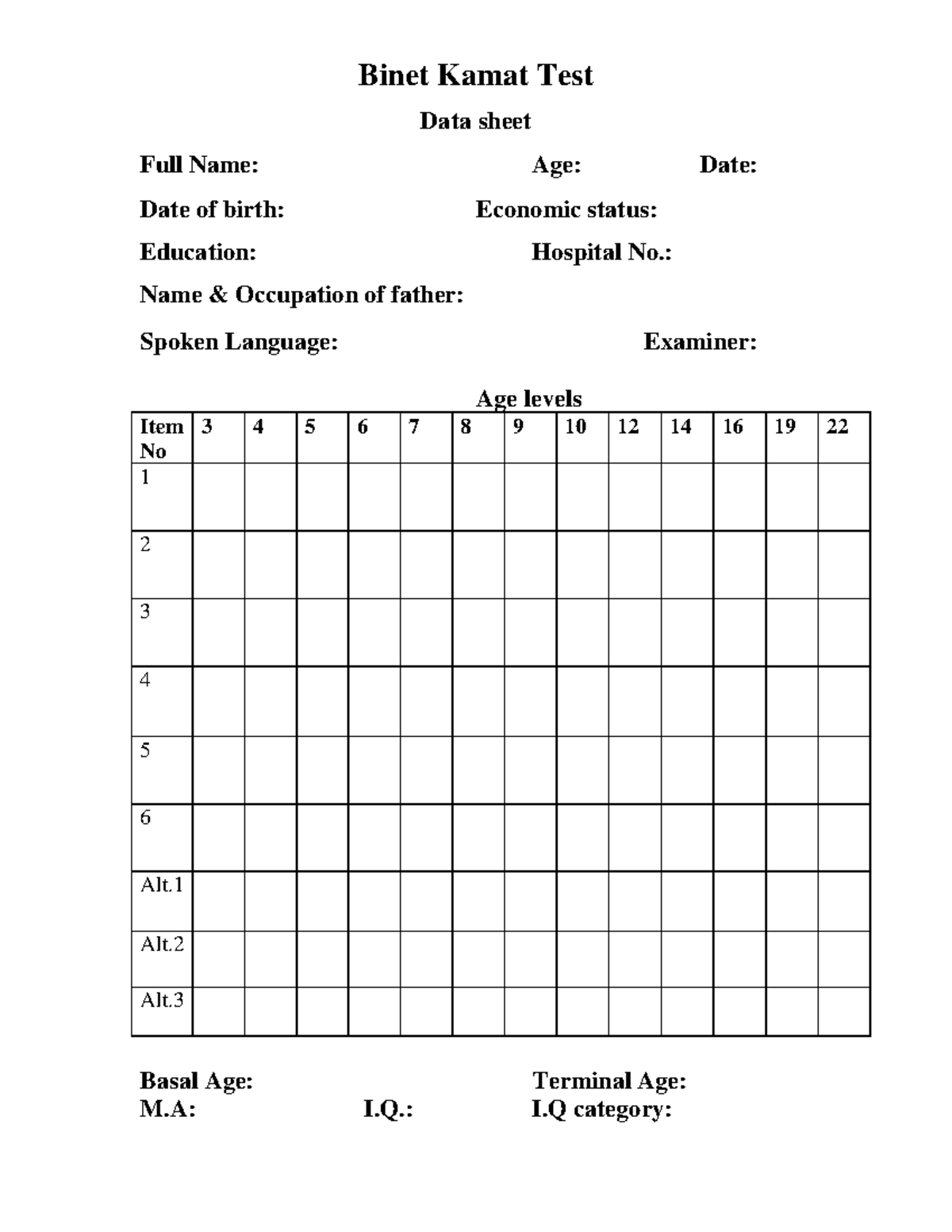 Binet Kamat Test Data Sheet (645163879) - Scoring & Analysis Guide ...