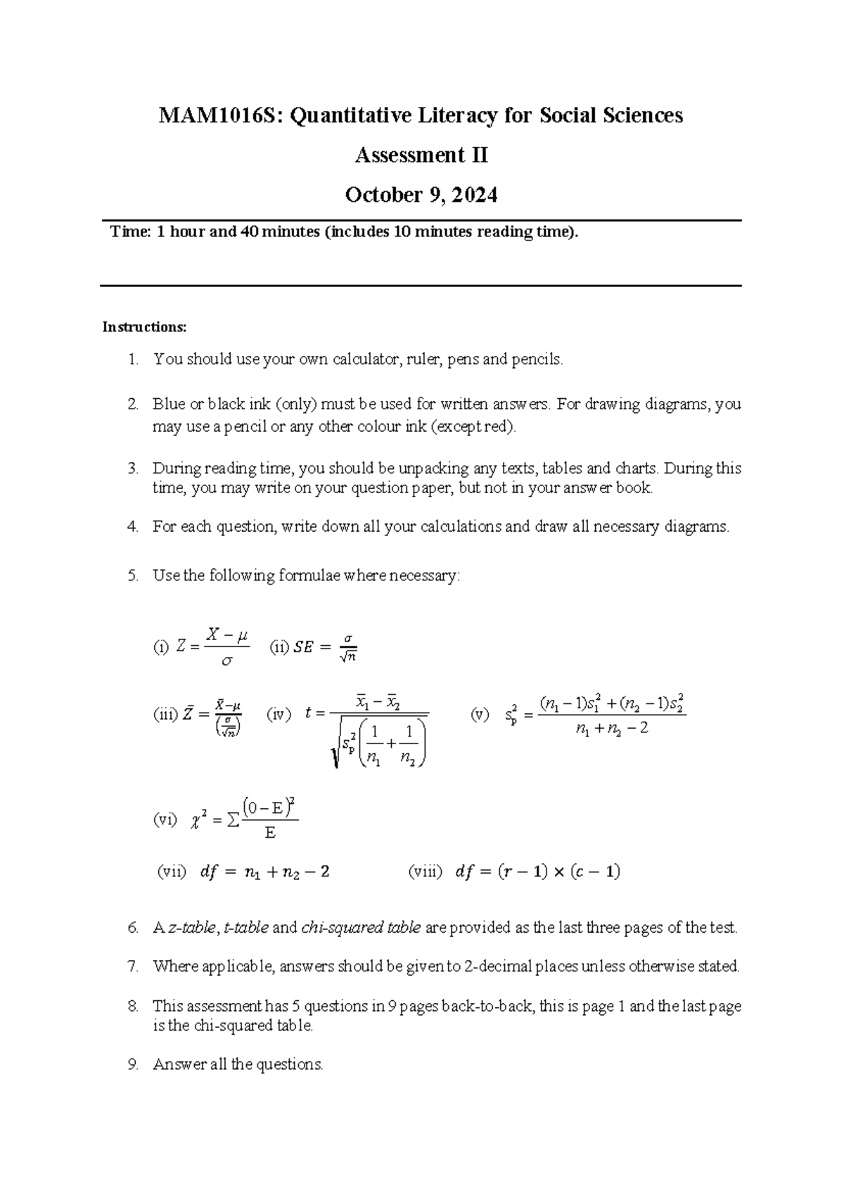MAM1016S: Quantitative Literacy for Social Sciences Test II Memo 2024 ...