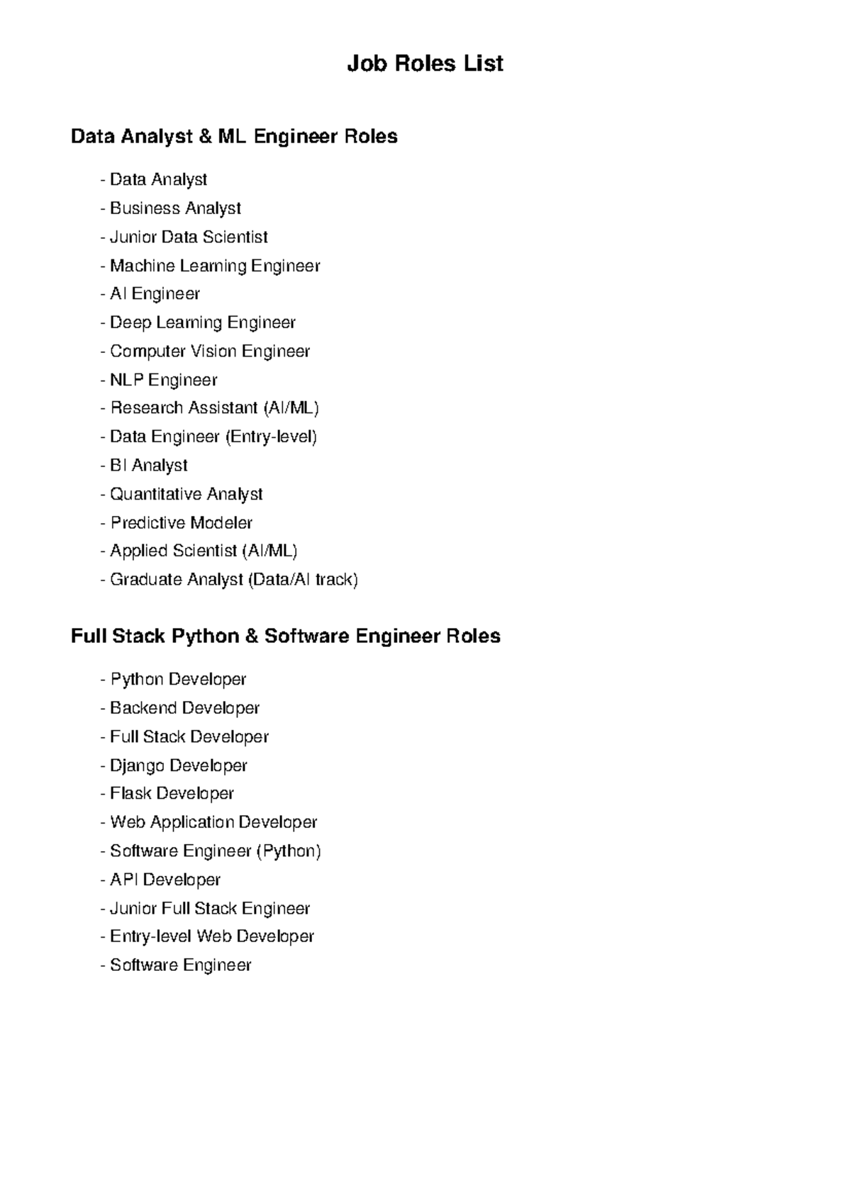 Job roles list - none - Job Roles List Data Analyst & ML Engineer Roles ...
