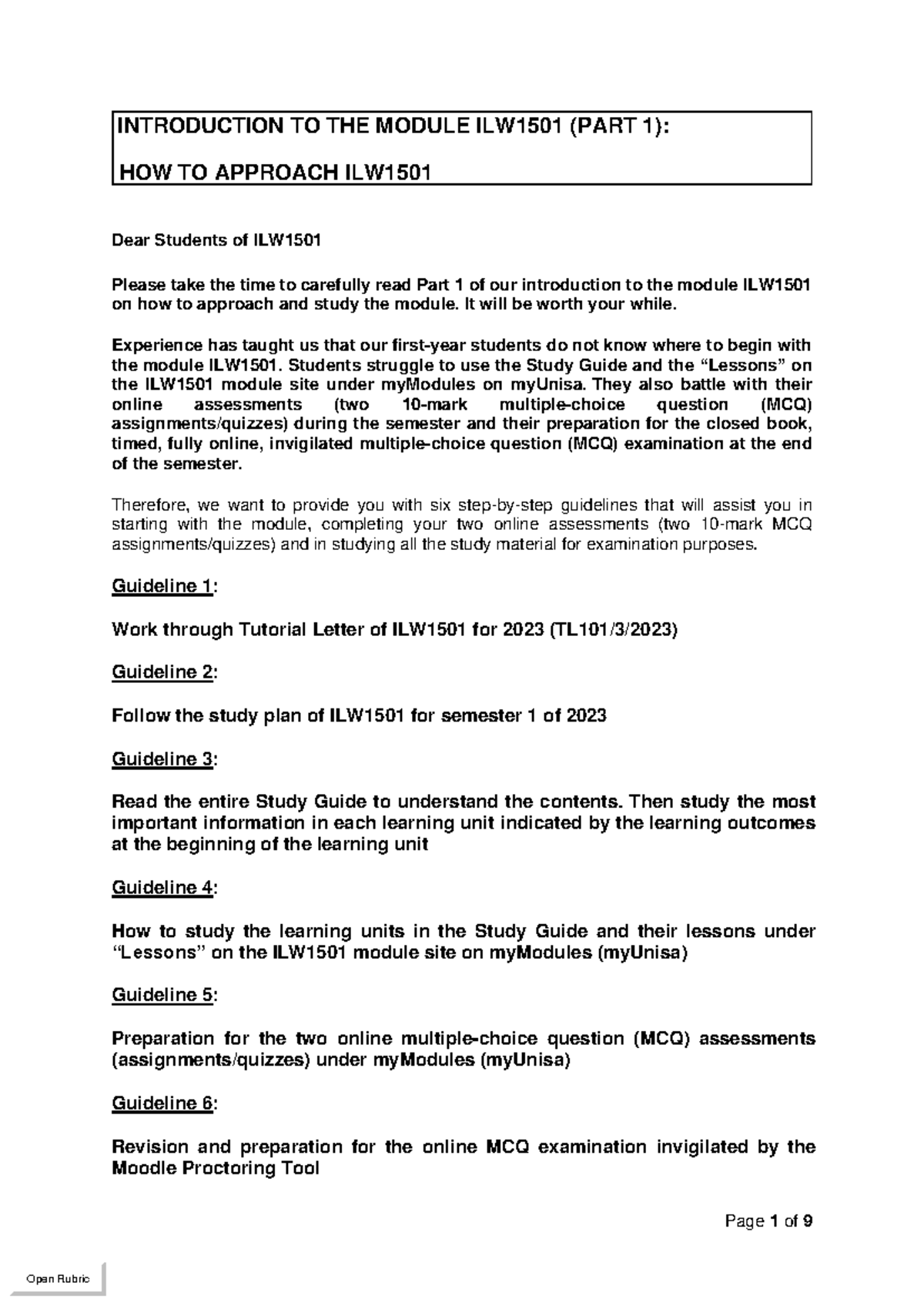 ILW1501 Semester 1 2023: Guide to Approaching Module Study - Studocu
