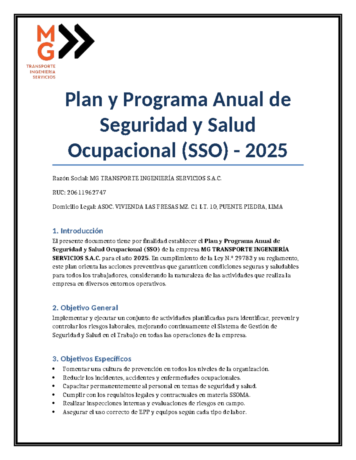 Plan Anual de Seguridad y Salud Ocupacional (SSO) 2025 - MG TRANSPORTE ...