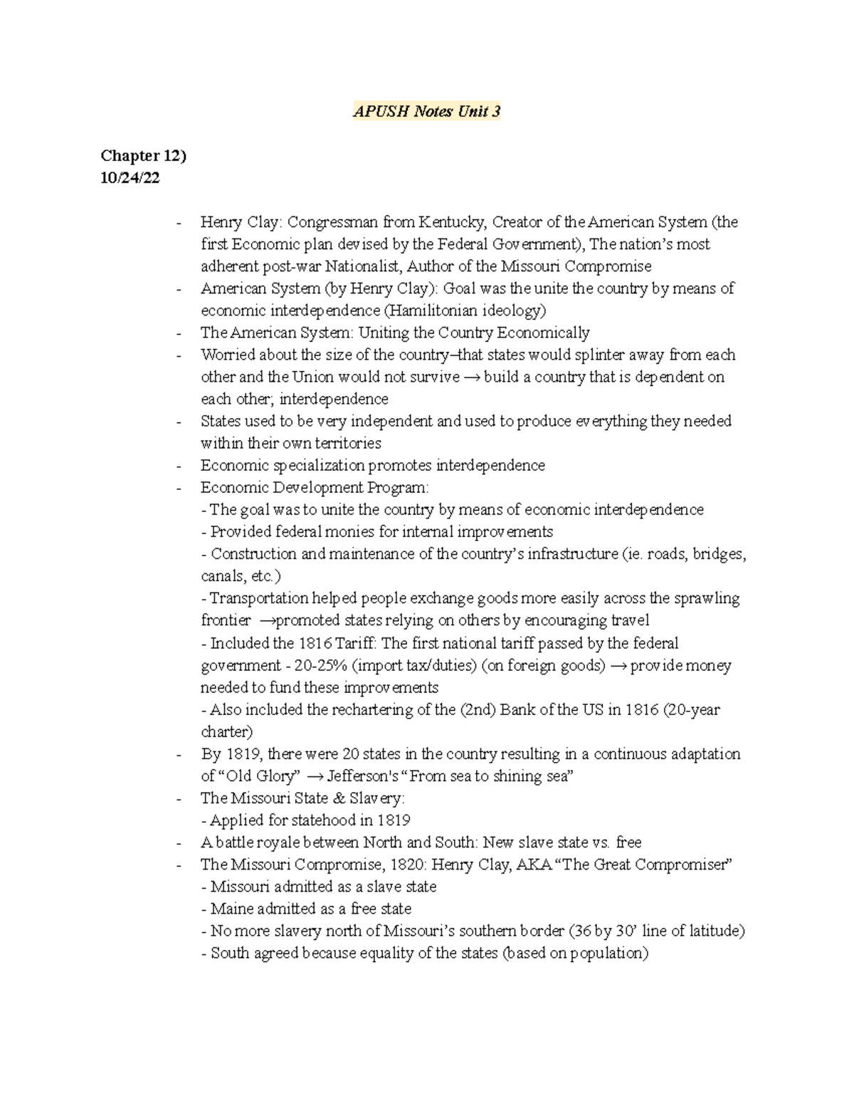 APUSH Unit 3 Notes: The American System & Missouri Compromise - Studocu