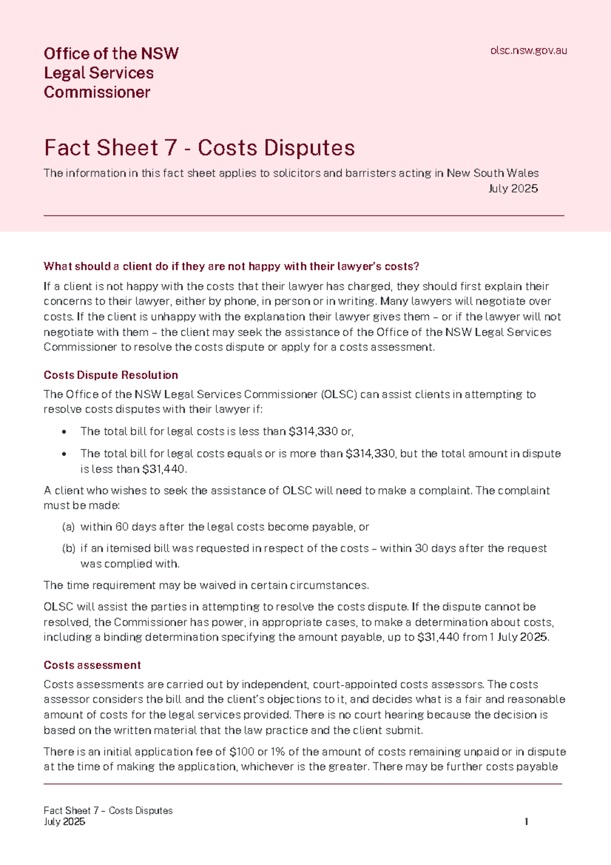 OLSC Fact Sheet 7: Resolving Costs Disputes (July 2025) - Studocu