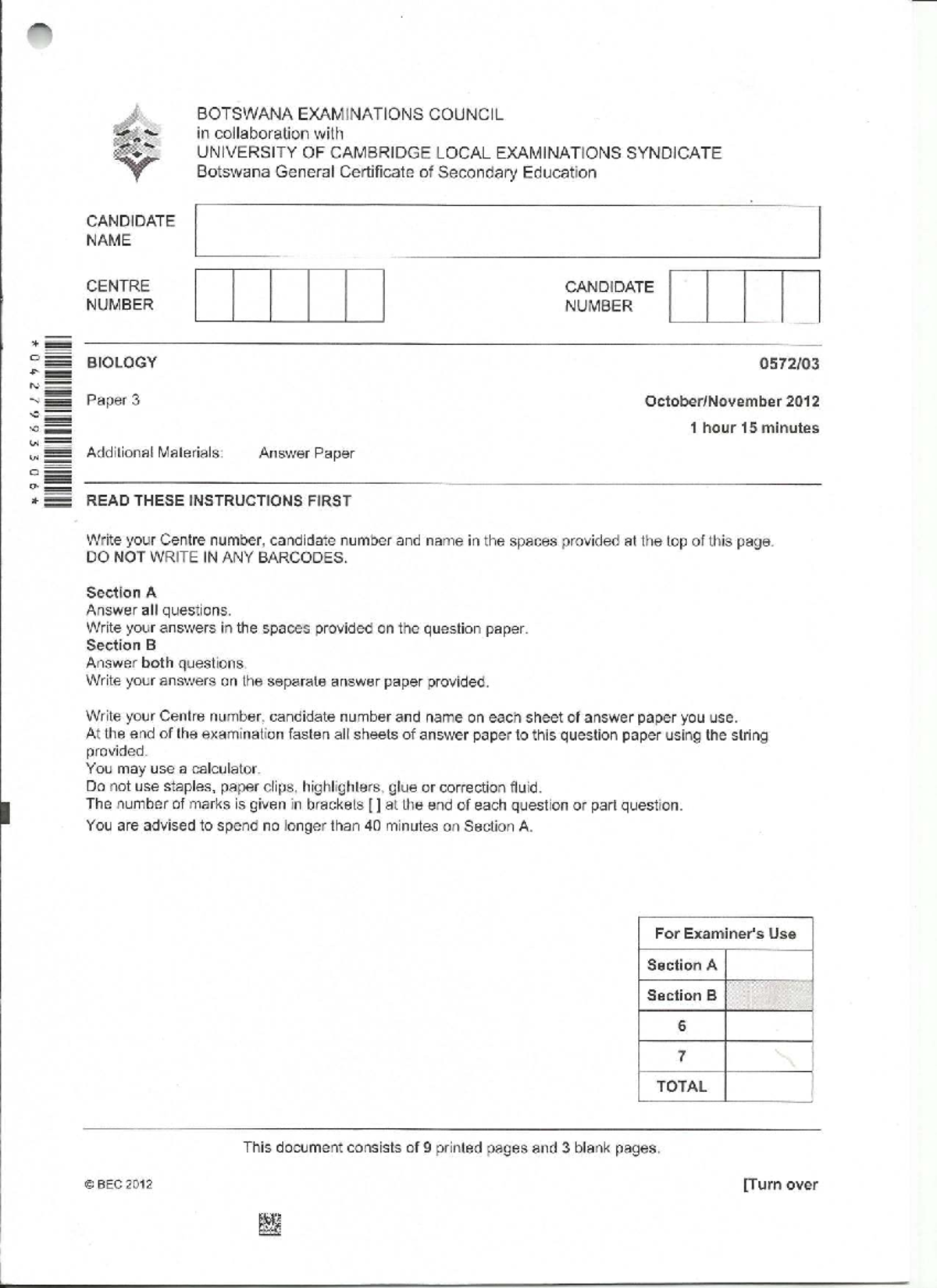 BIO 2012 Paper 3 - Biology Examination Questions and Instructions - Studocu