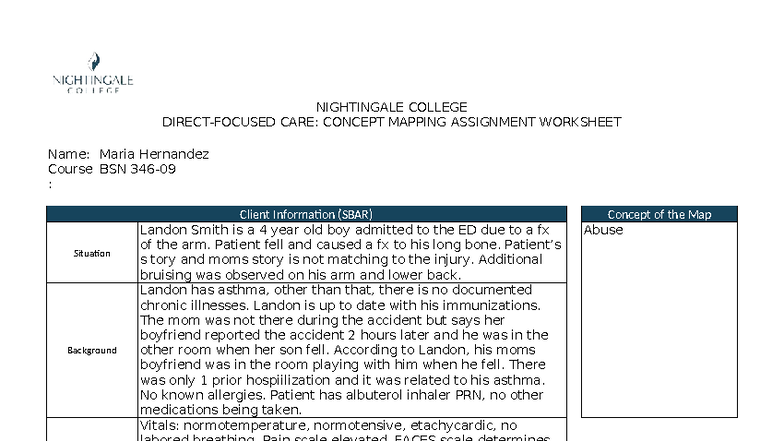 NIGHTINGALE COLLEGE CARE: SBAR Concept Mapping Assignment (BSN) - Studocu