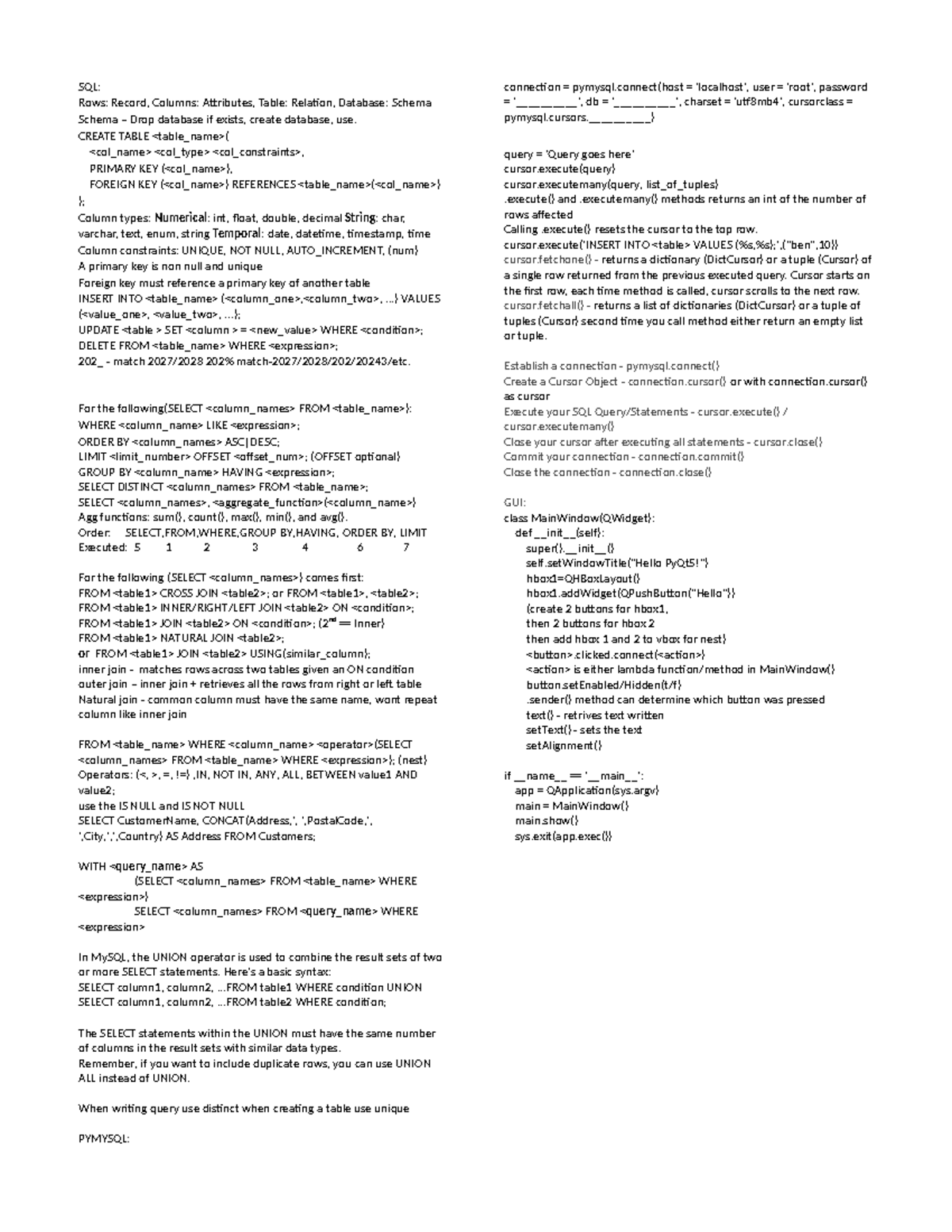CS310 Exam 3 Crib Sheet - SQL and PyQt5 Essentials Guide - Studocu