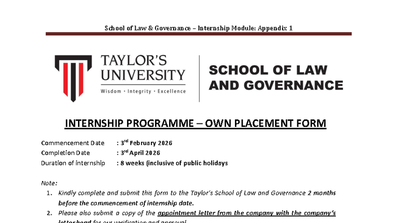SLG Internship Module: Own Placement Form - Appendix 1 - Studocu