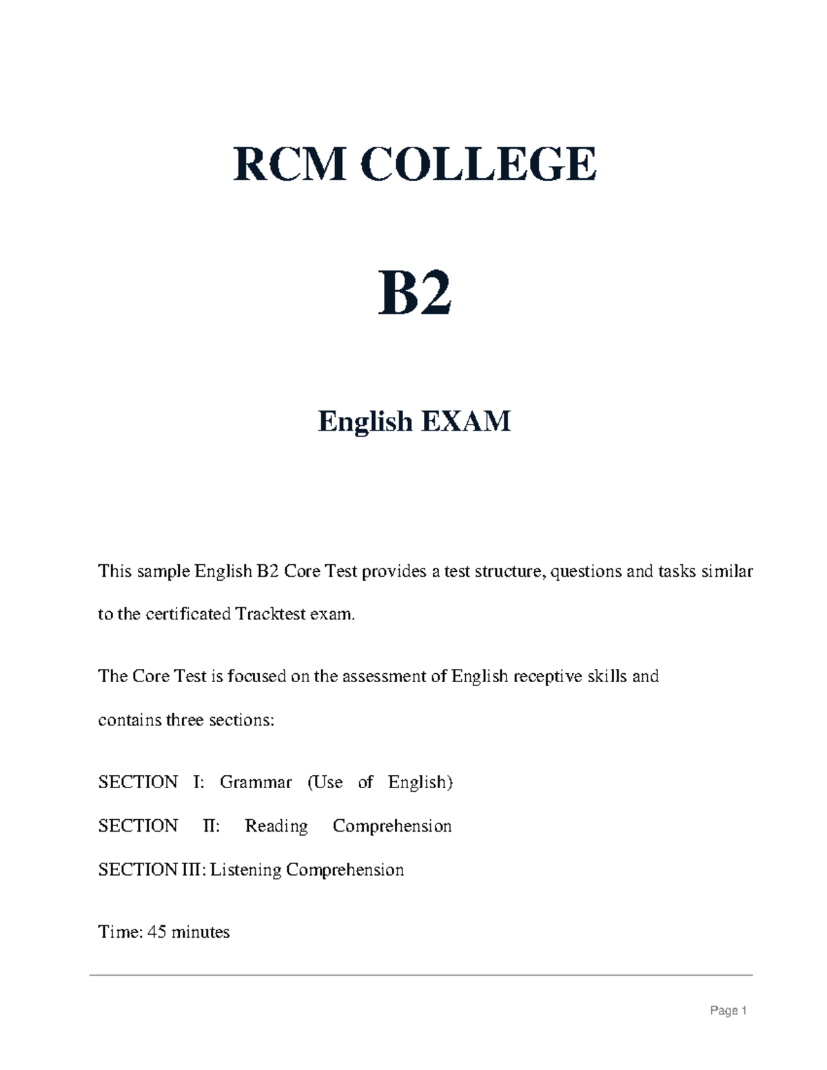 B2 English Exam Sample: Grammar, Reading & Listening Tasks - Studocu